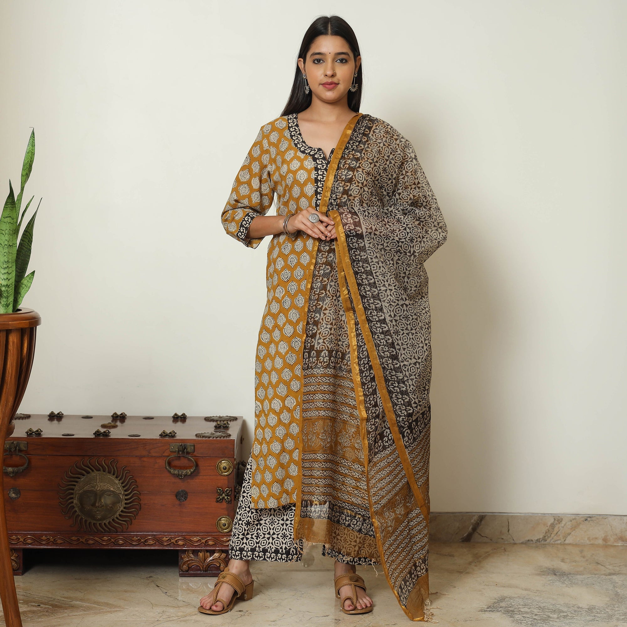 ITOKRI CASUALS Brown - Bagru Block Printed Cotton Kurta with Palazzo & Kota Doria Dupatta Set 11