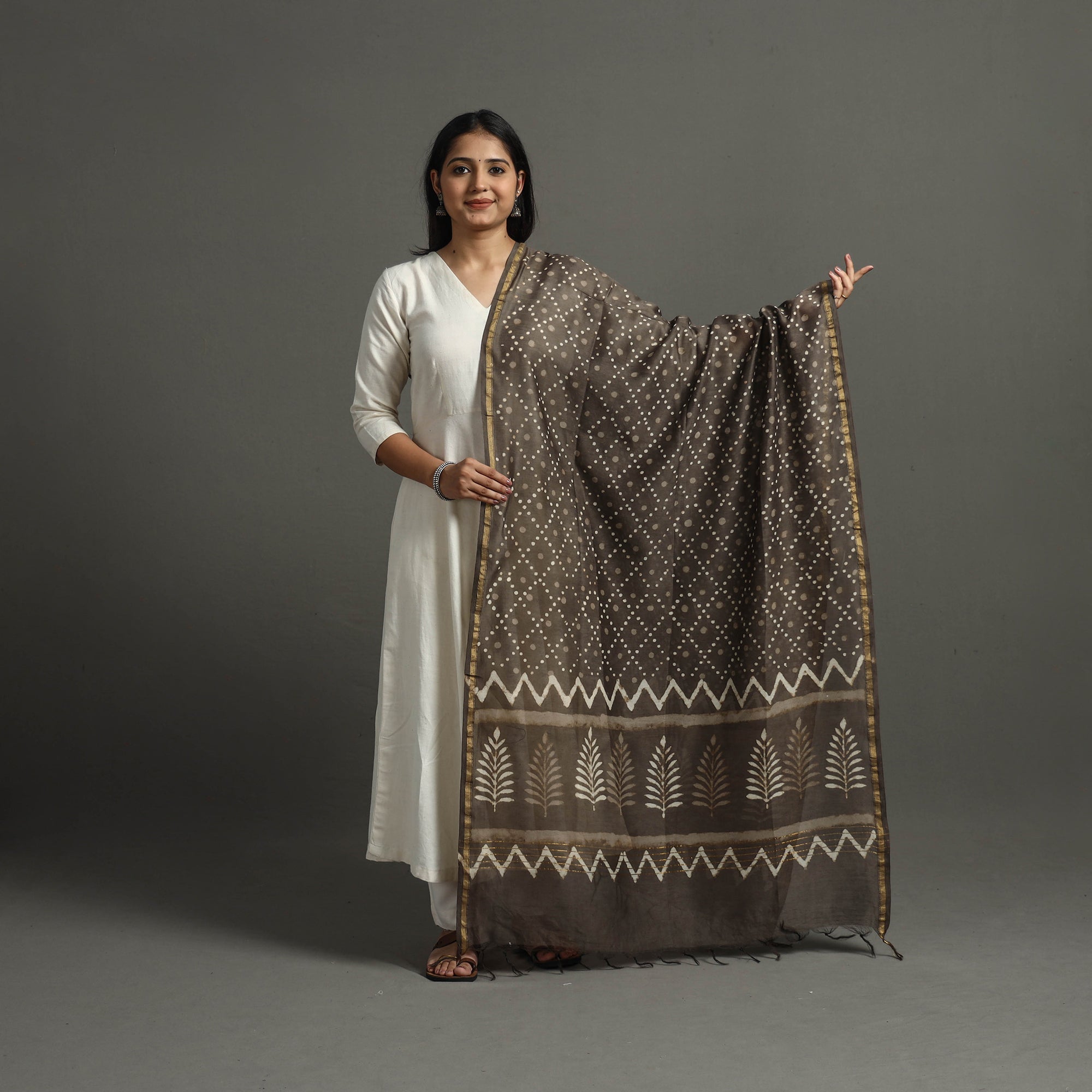 BAGRU DABU PRINTS Brown - Block Printed Chanderi Silk Bagru Dupatta 40