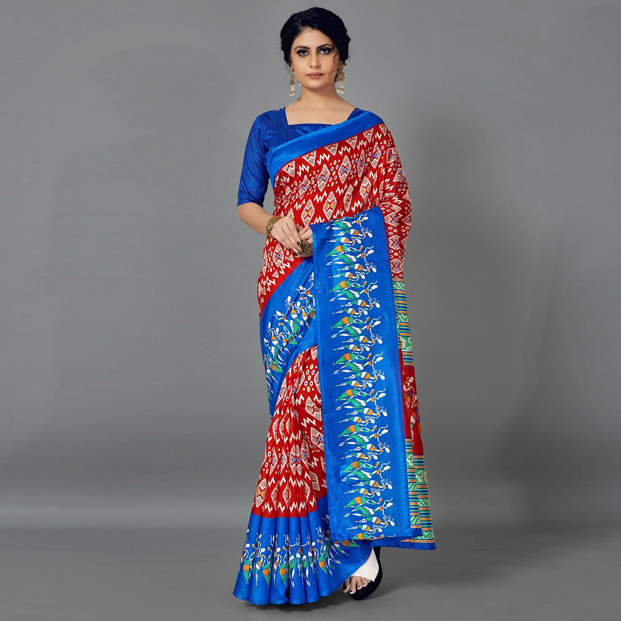 Peachmode Multi Casual Art Silk Printed Saree With Unstitched Blouse