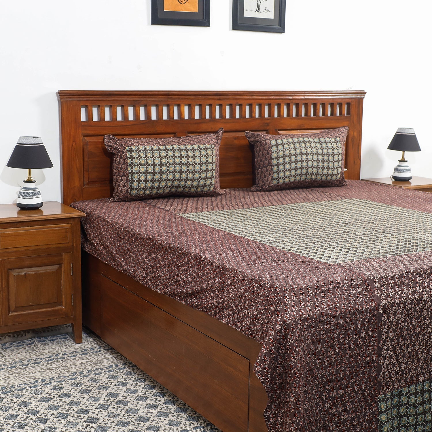 HAVELI CHRONICLES Brown - Ajrakh Patch Tukdi Kaam Cotton Double Bed Cover with Pillow Covers (109 x 86 in)
