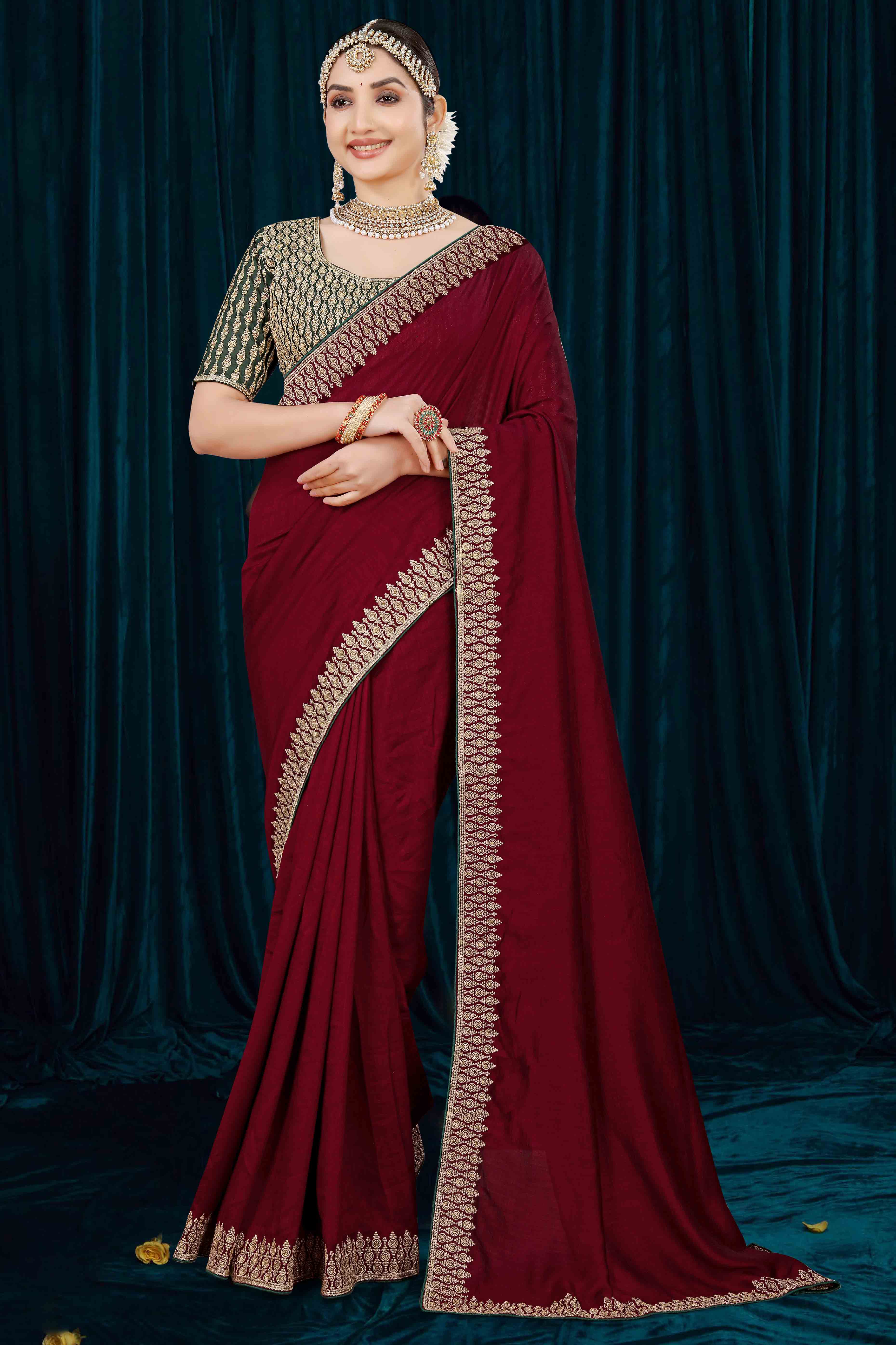 Peachmode Maroon Solid With Zari Embroidered Vichitra Silk Saree - view 3