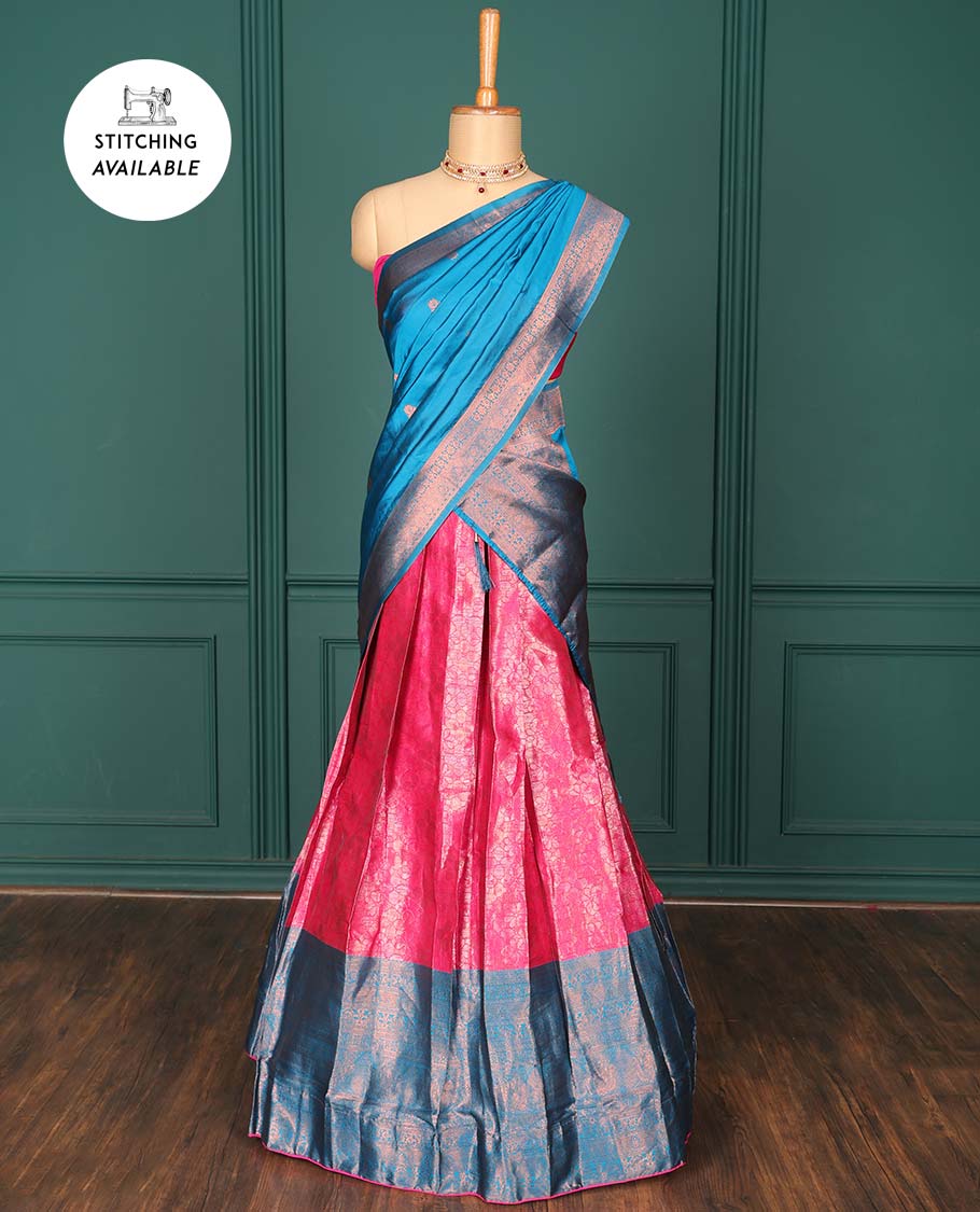 Pothys Pink jacquard art-silk half-saree, zari design blouse, contrast traditional design border & intricate dupatta