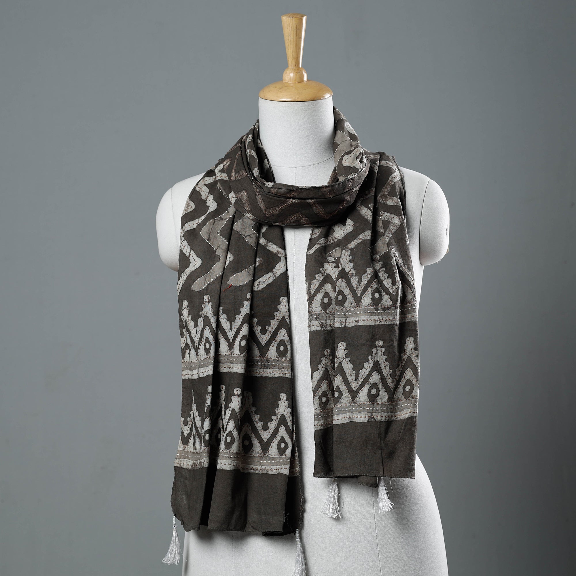 ARTISAN HAND BLOCK PRINTS Brown - Bagru Block Printed Tagai Work Cotton Stole with Tassels