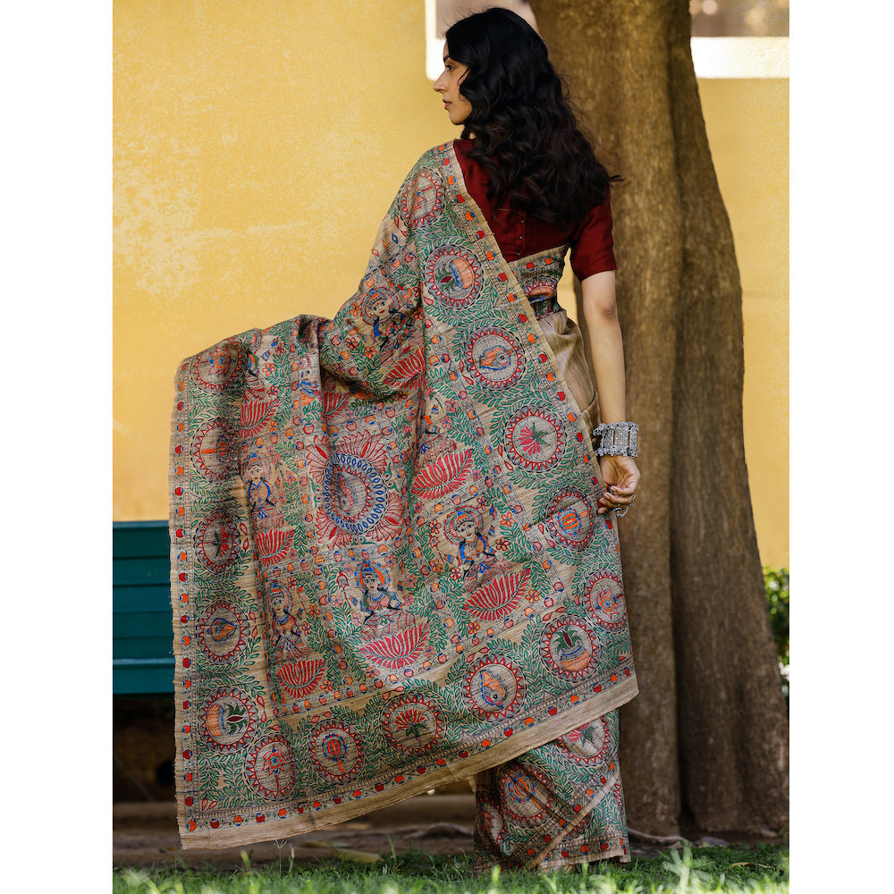 DIORAMA DESIGNS Brown - Madhubani Hand-Painted Durga Incarnations Tussar Ghicha Silk Saree - view 5