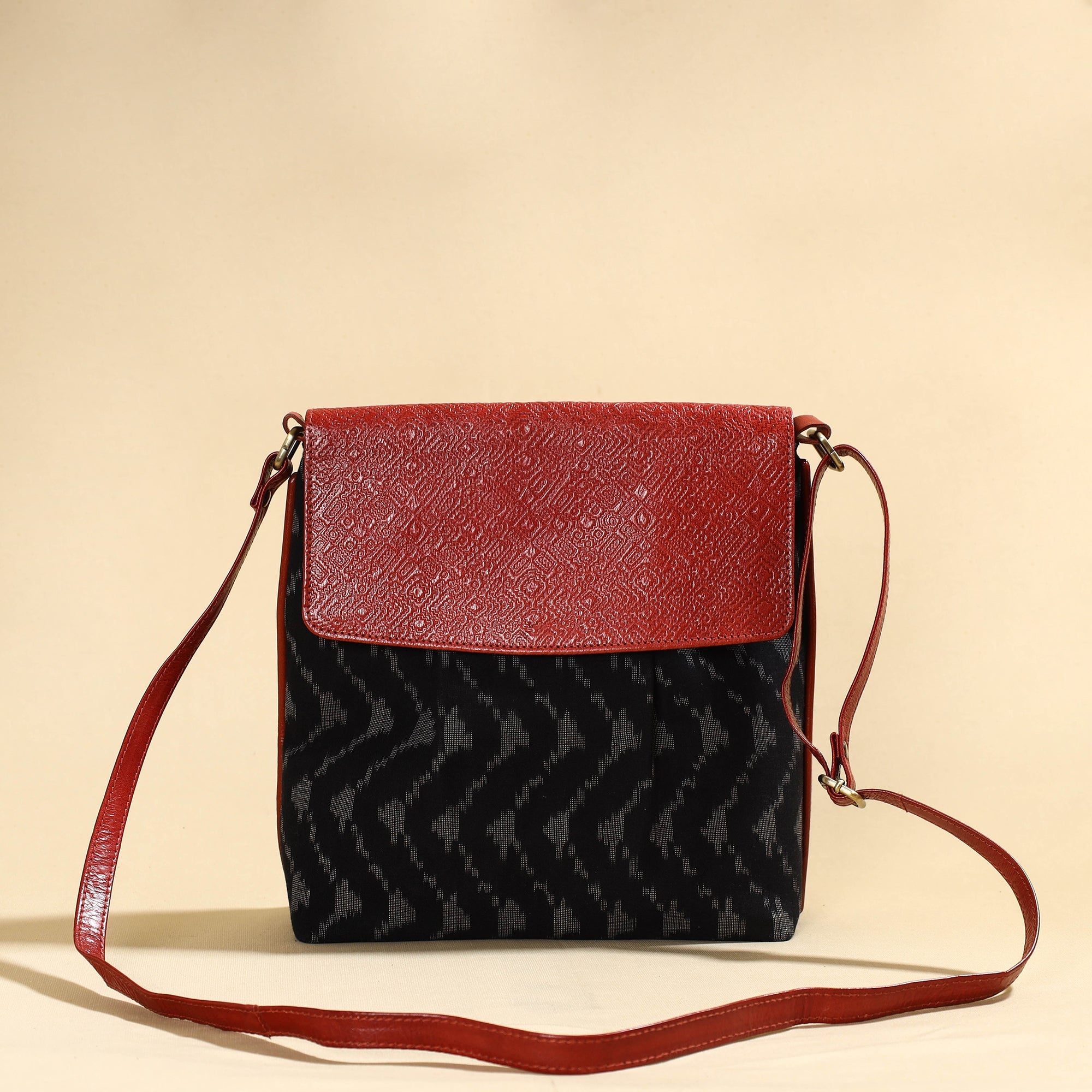 ASALKAAR Black - Handcrafted Ikat Fabric Sling Bag with Embossed Leather Flap - view 2
