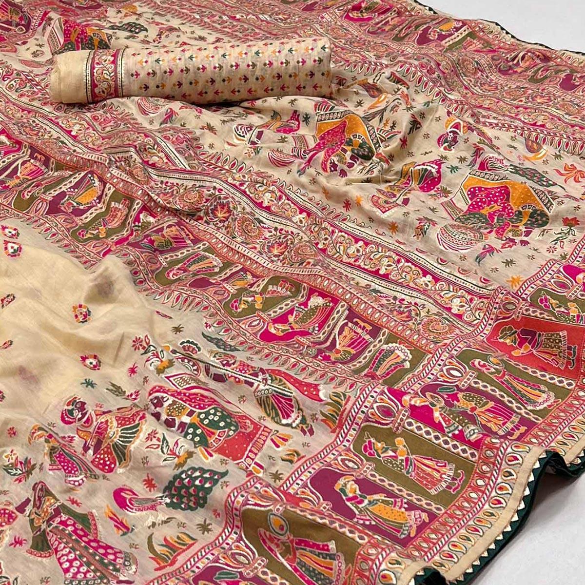 Peachmode Cream Kalamkari Woven Chanderi Saree - view 2