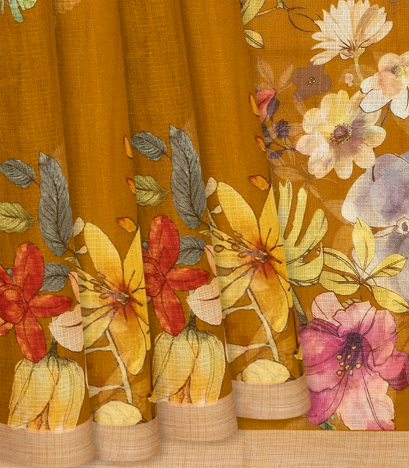 RmKV Oil Mustard Woven Kota Silk Saree With Printed Floral Motifs-OIL MUSTARD