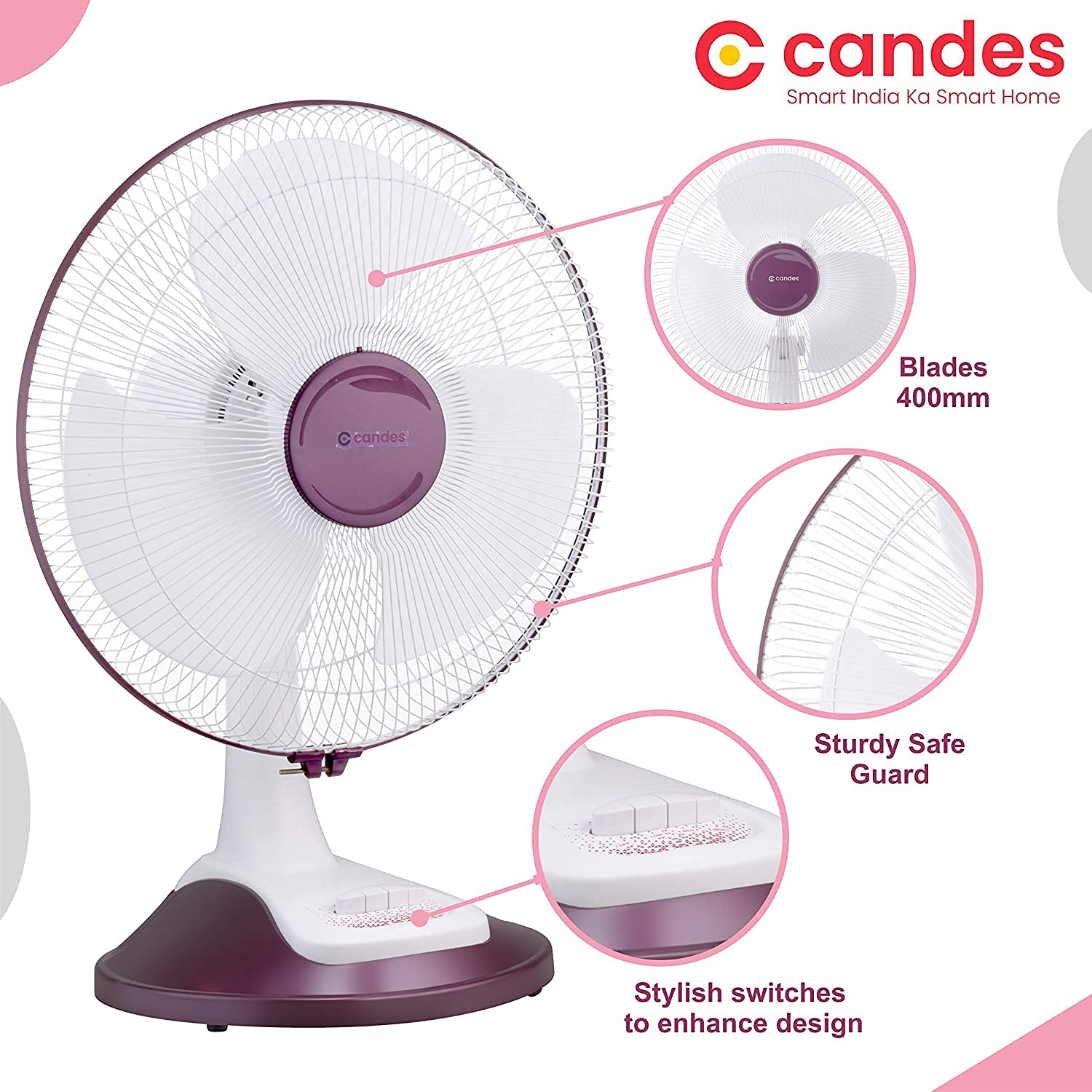 Candes Desker Table Fan for Cooling with Automatic Oscillation (400 MM) 80W (White Cherry) - view 5