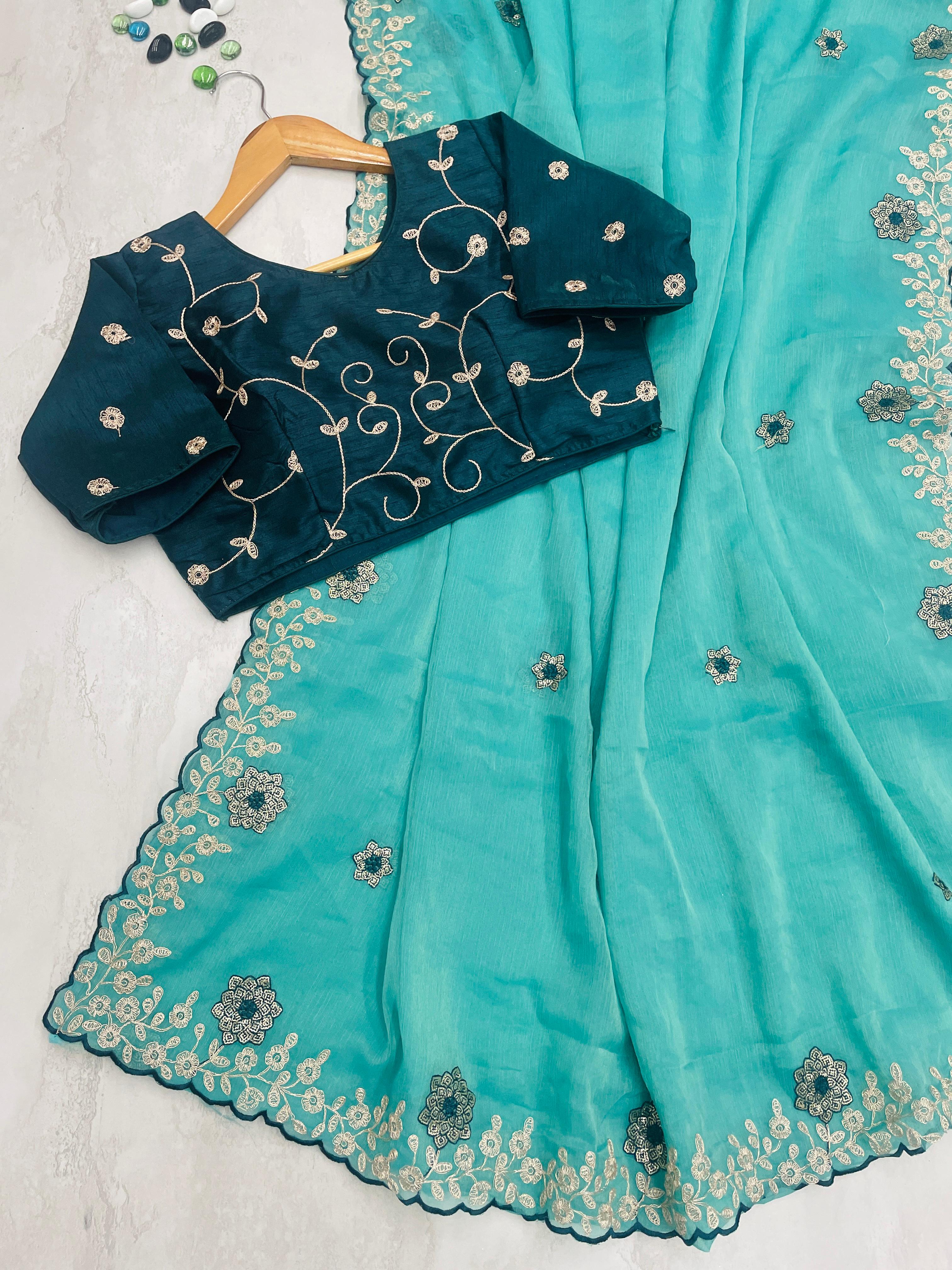 ClothsVilla Sky Blue Kasoli Silk Saree with Beautiful Embroidery and Contrast Thread Work - view 2