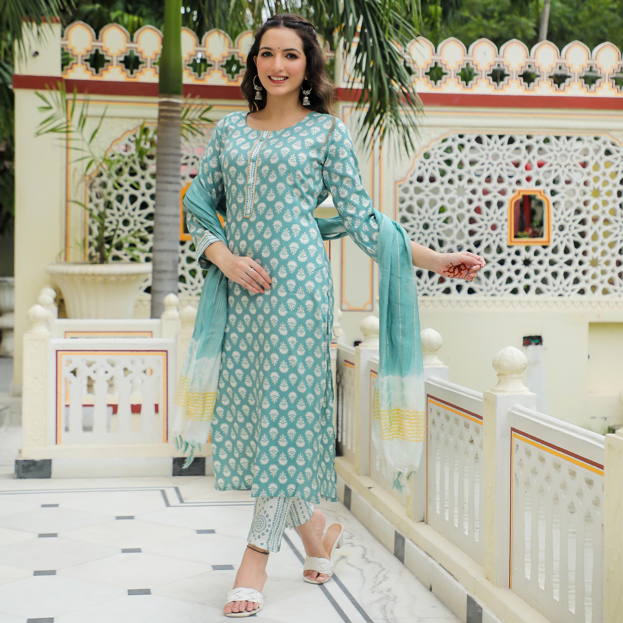 BlackTree green-floral-foil-printed-rayon-suit-1 - view 2