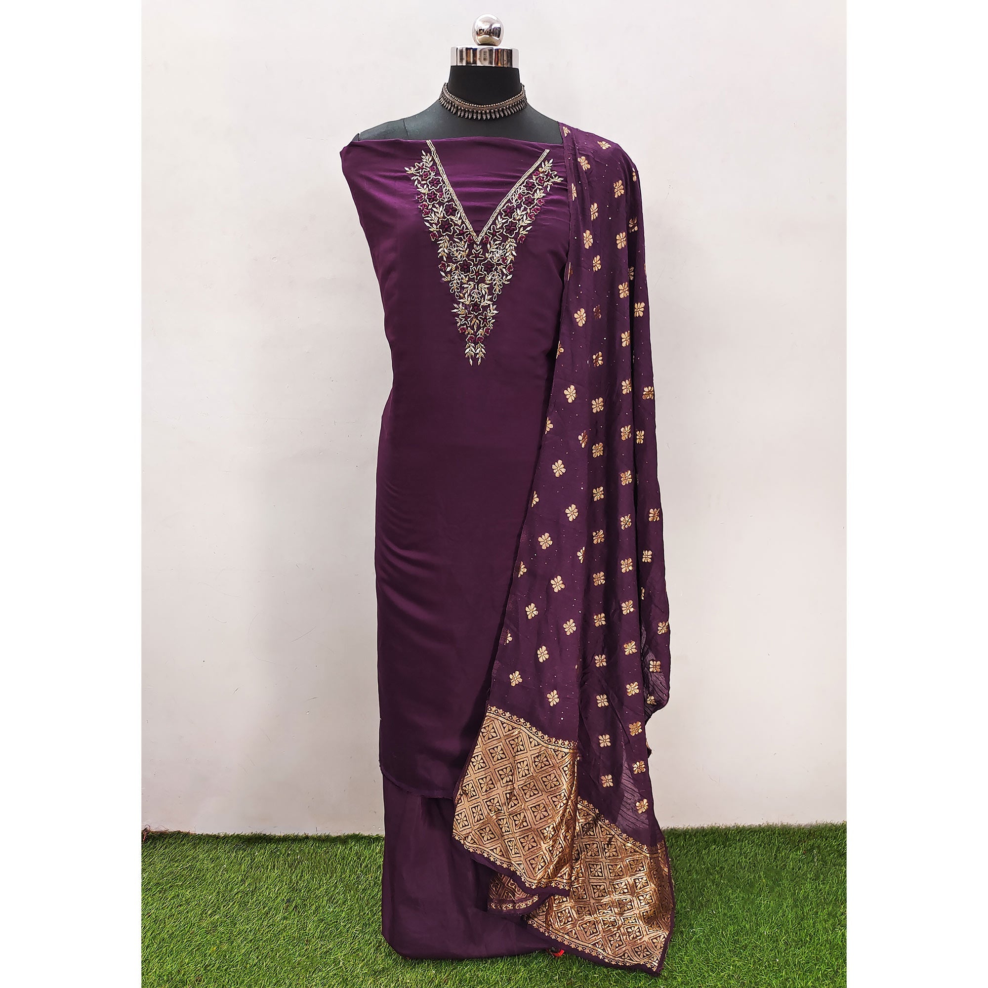 Peachmode Purple Beads Embroidered Viscose Dress Material - view 3