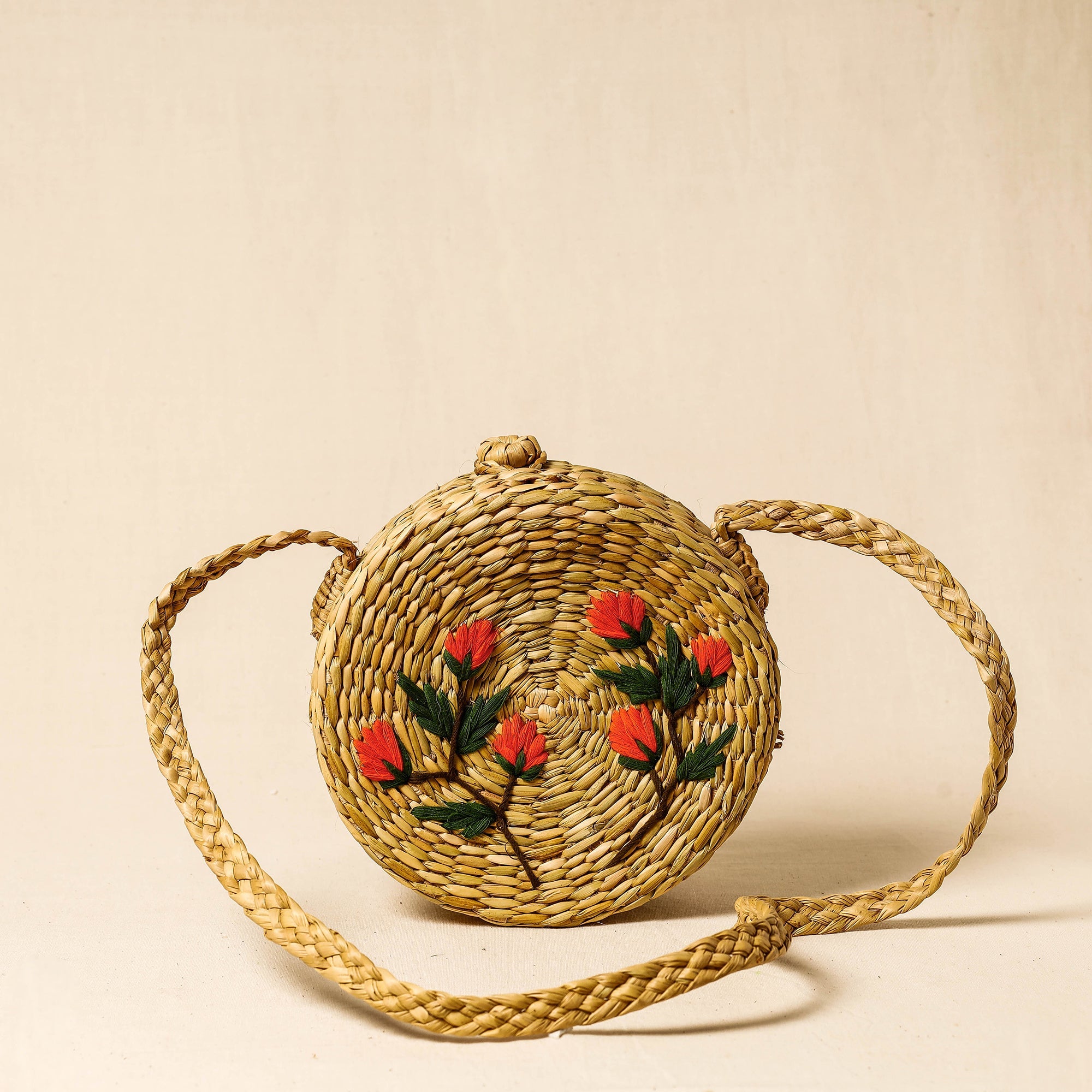 ITOKRI CRAFTS INITIATIVE Beige - Handcrafted Natural Water Reed Embroidered Sling Bag