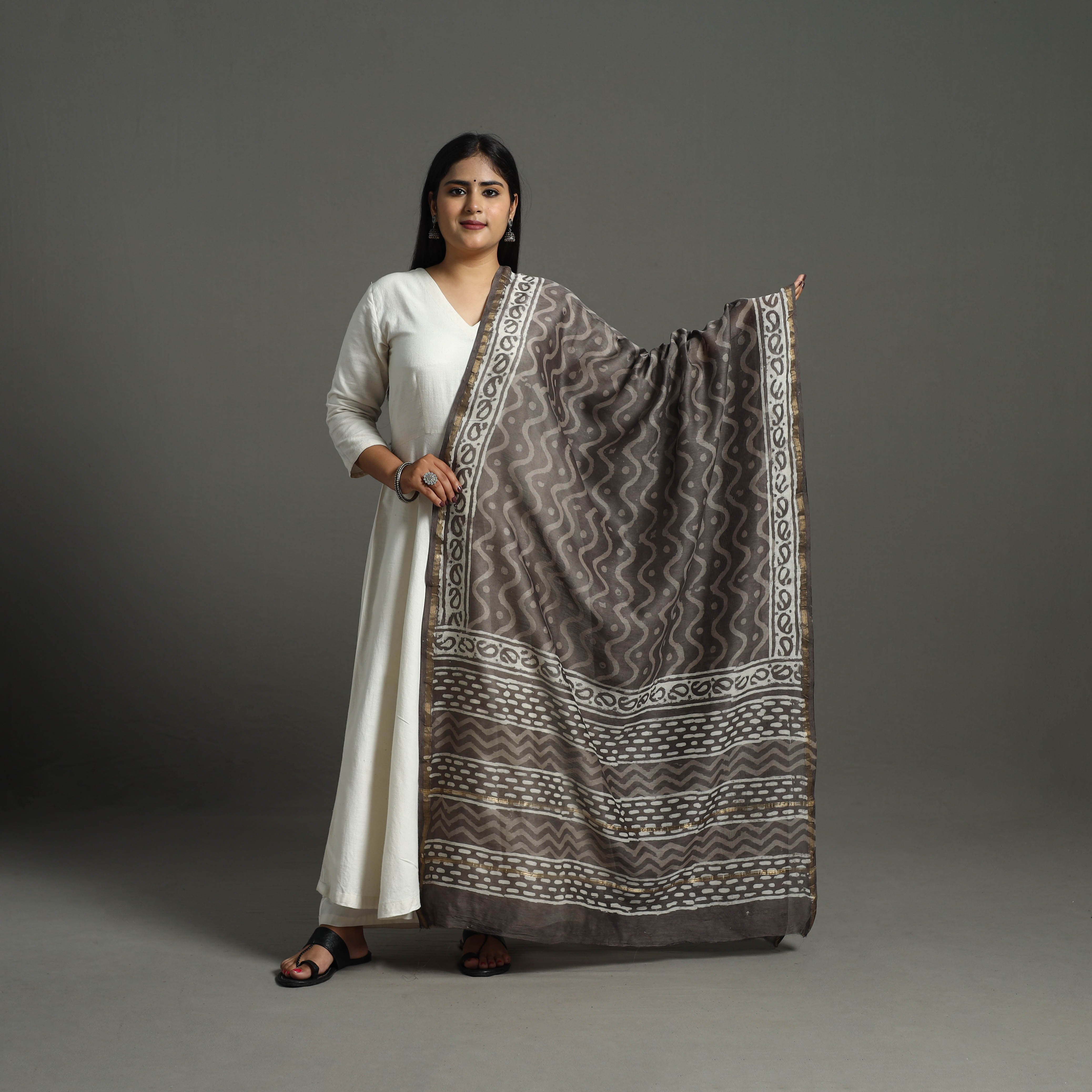ARTISAN HAND BLOCK PRINTS Brown - Chanderi Silk Block Print Bagru Dupatta 11