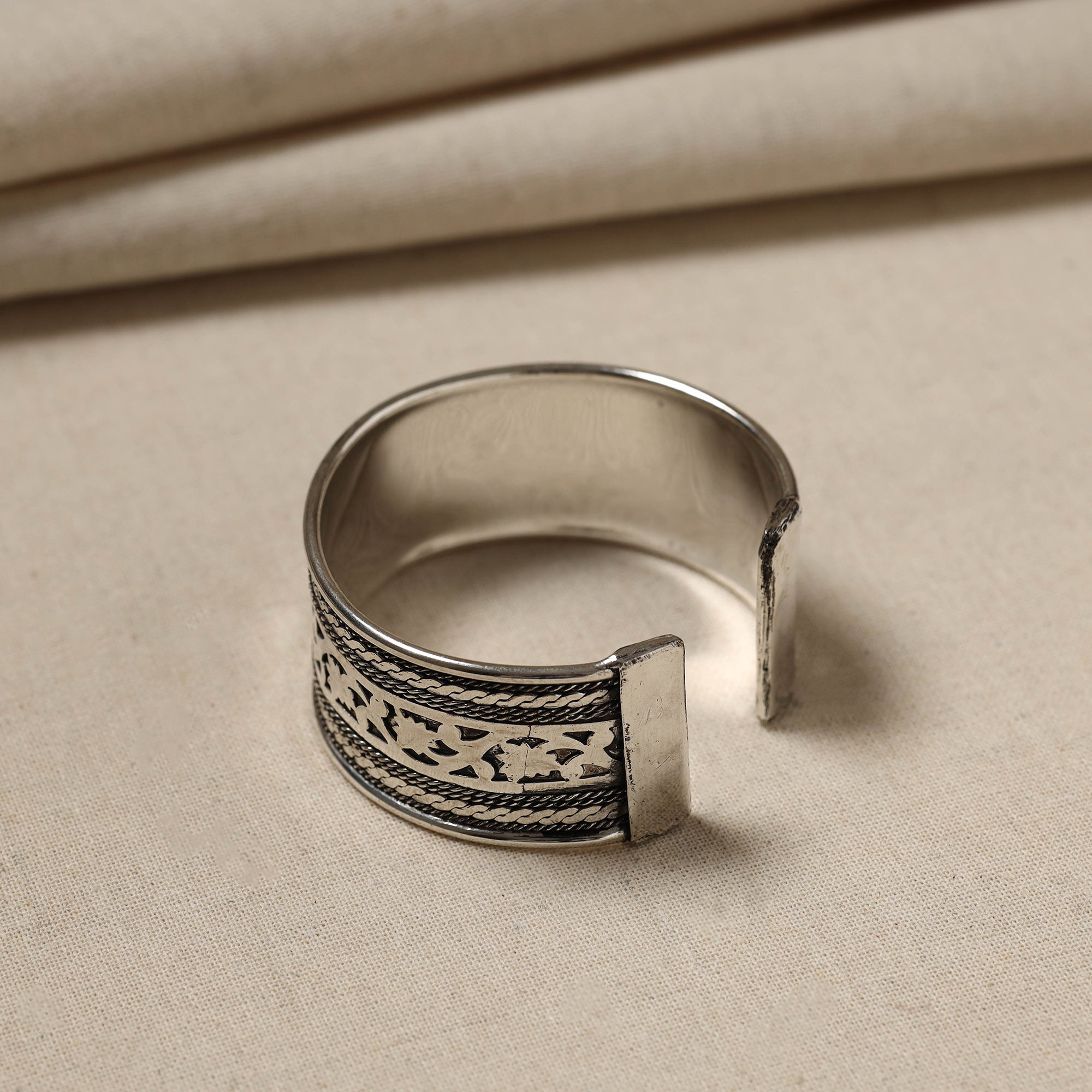 WHITE RIVER STORIES Antique Finish Oxidised German Silver Bangle / Cuff Bracelet (Adjustable)