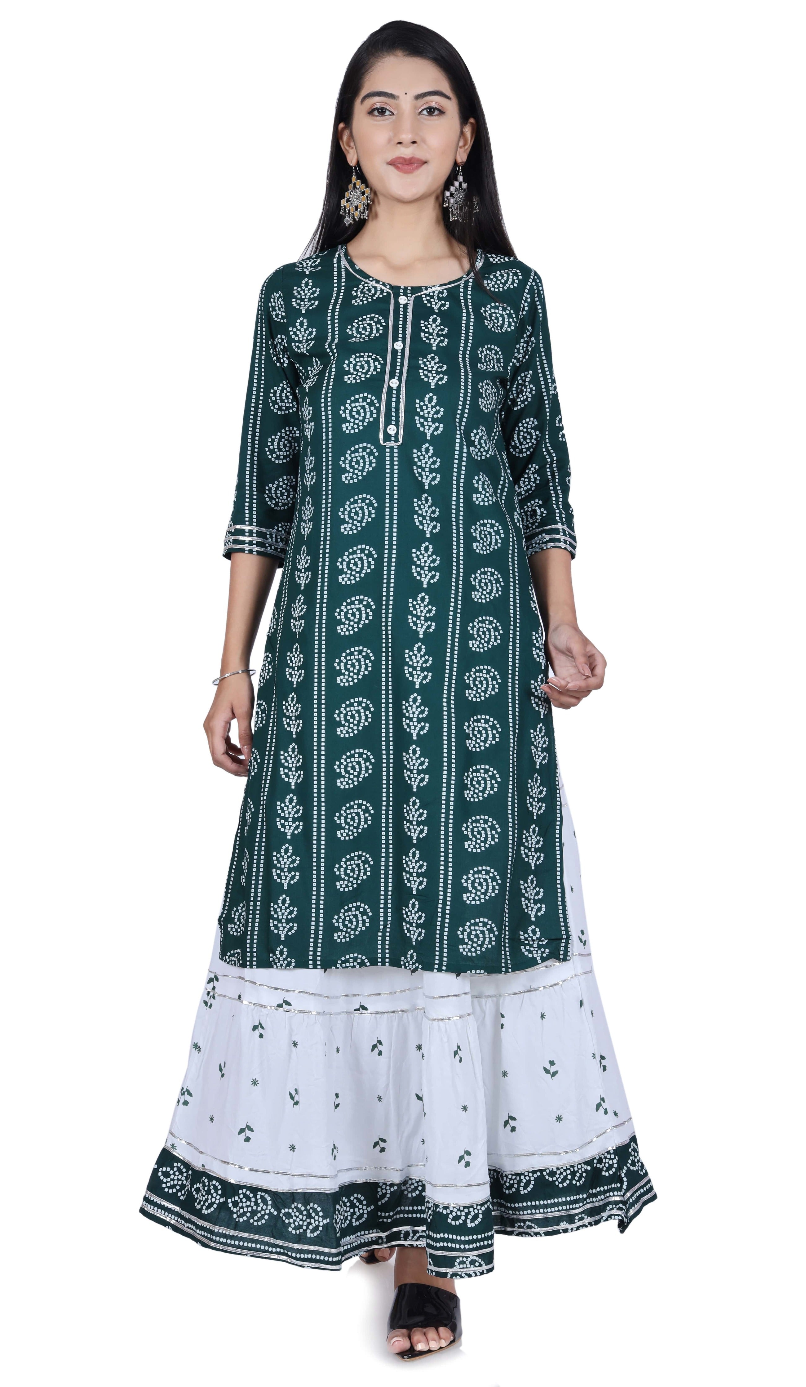 Fab Alchemy Green Printed Cotton Kurta and Skirt Set