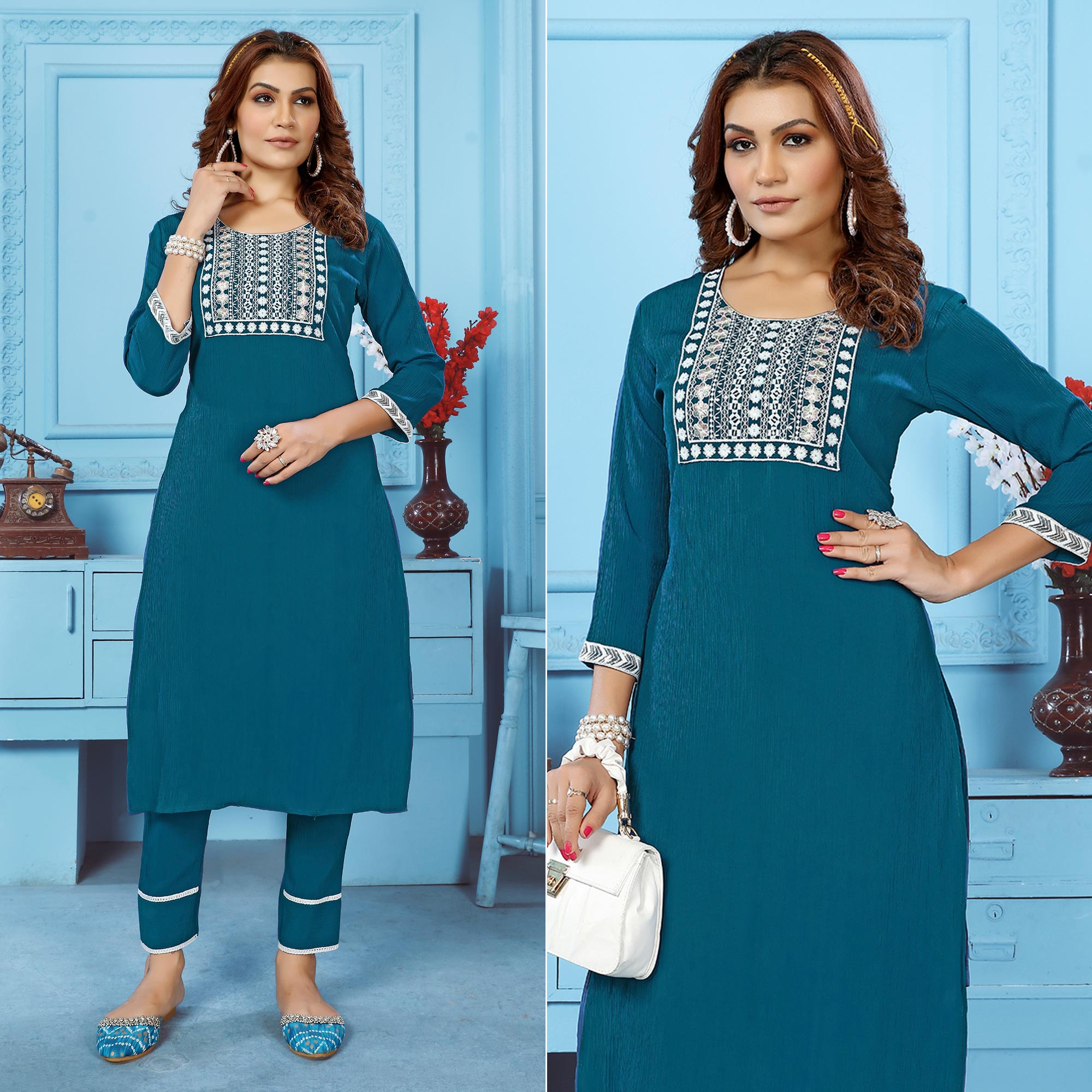 Peachmode Seller Morpich Sequins Embroidered Cotton Blend Kurti Pant Set