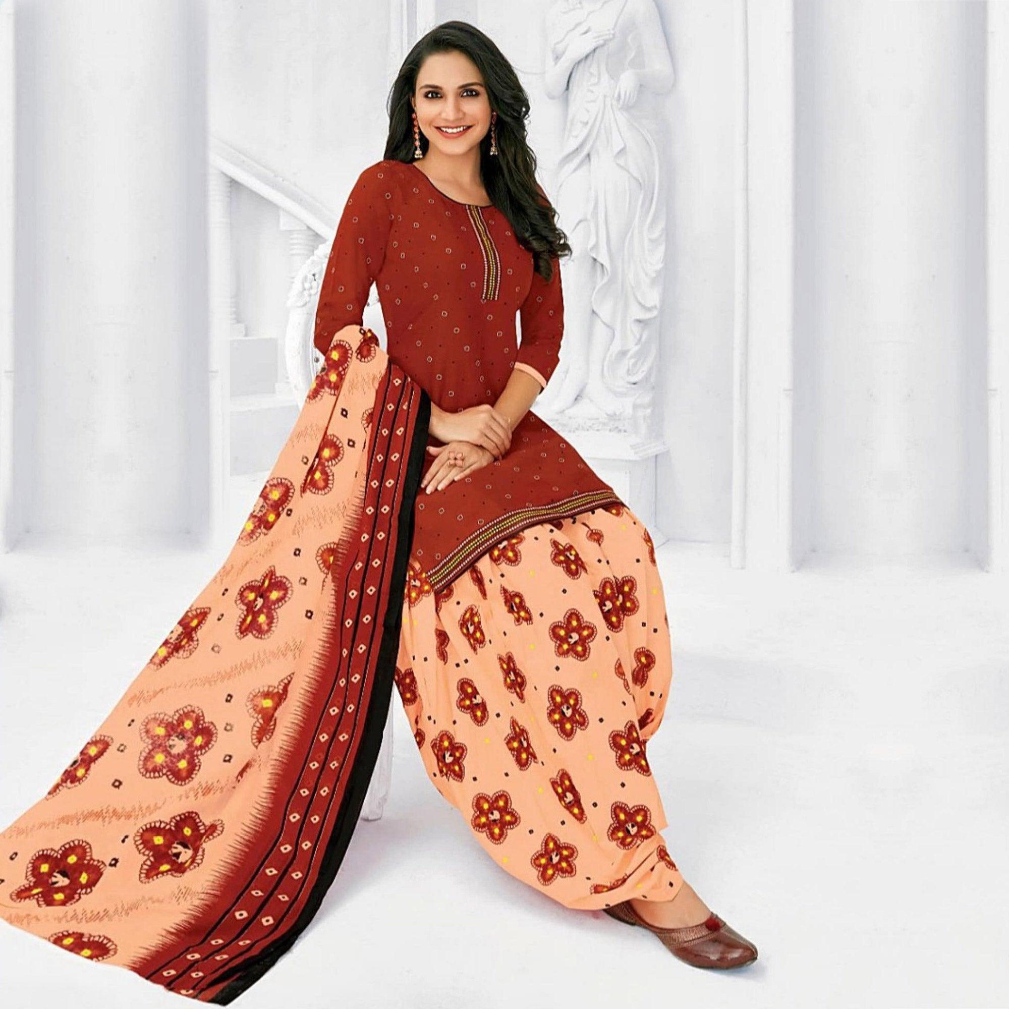 Peachmode Seller Impressive Red Colored Casual Wear Printed Cotton Stitched Patiala Suit