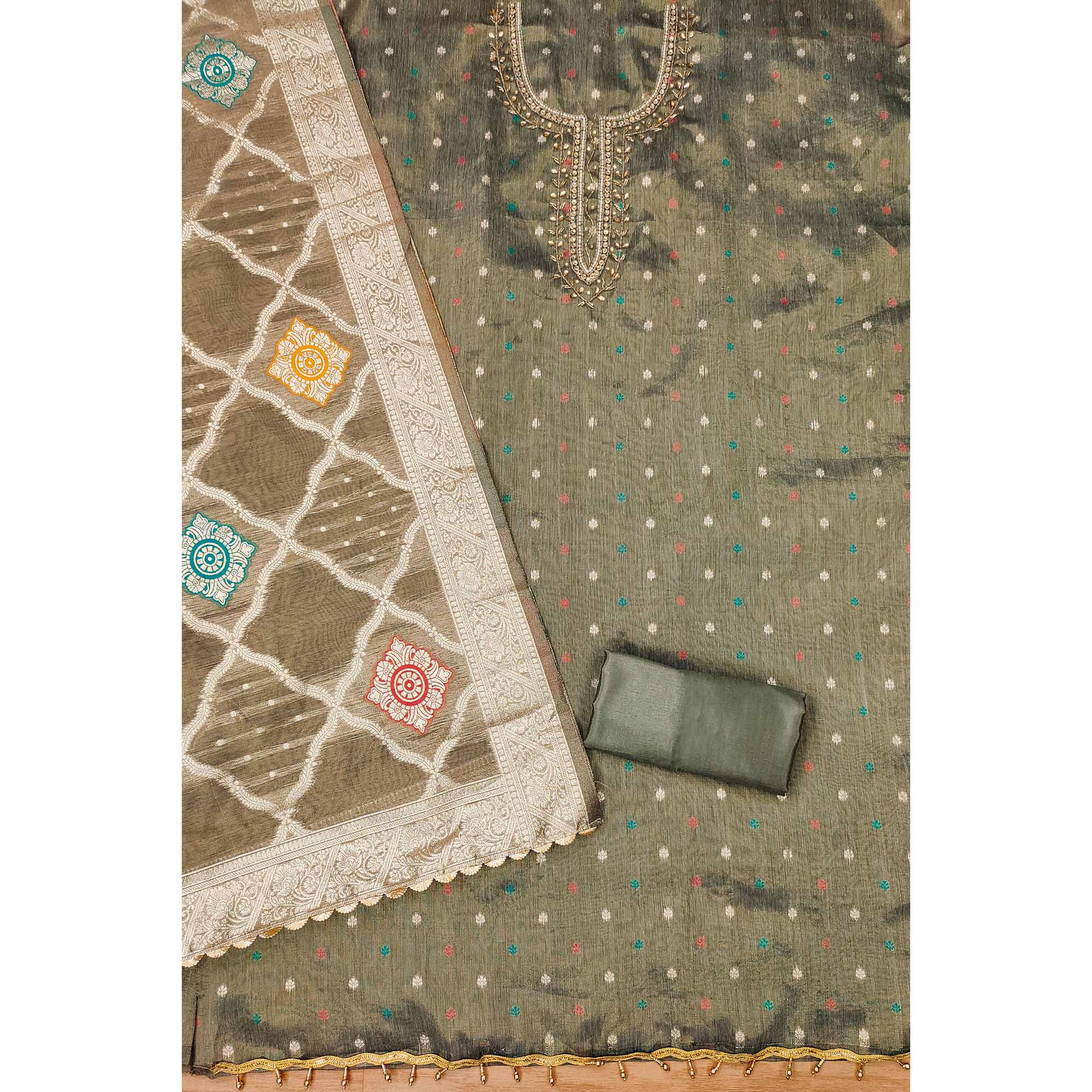 Peachmode Grey Woven With Handwork Simmer Jacquard Dress Material - view 4