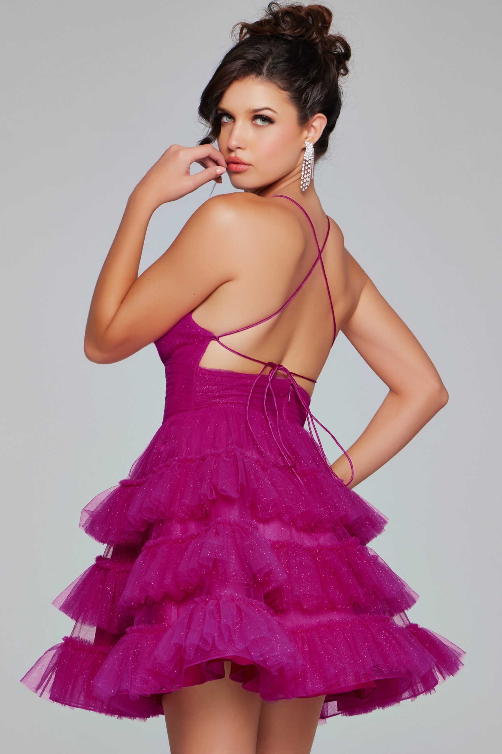Glitter Tulle Short V-Neck Ruffled Dress by Jovani 39655 - view 2