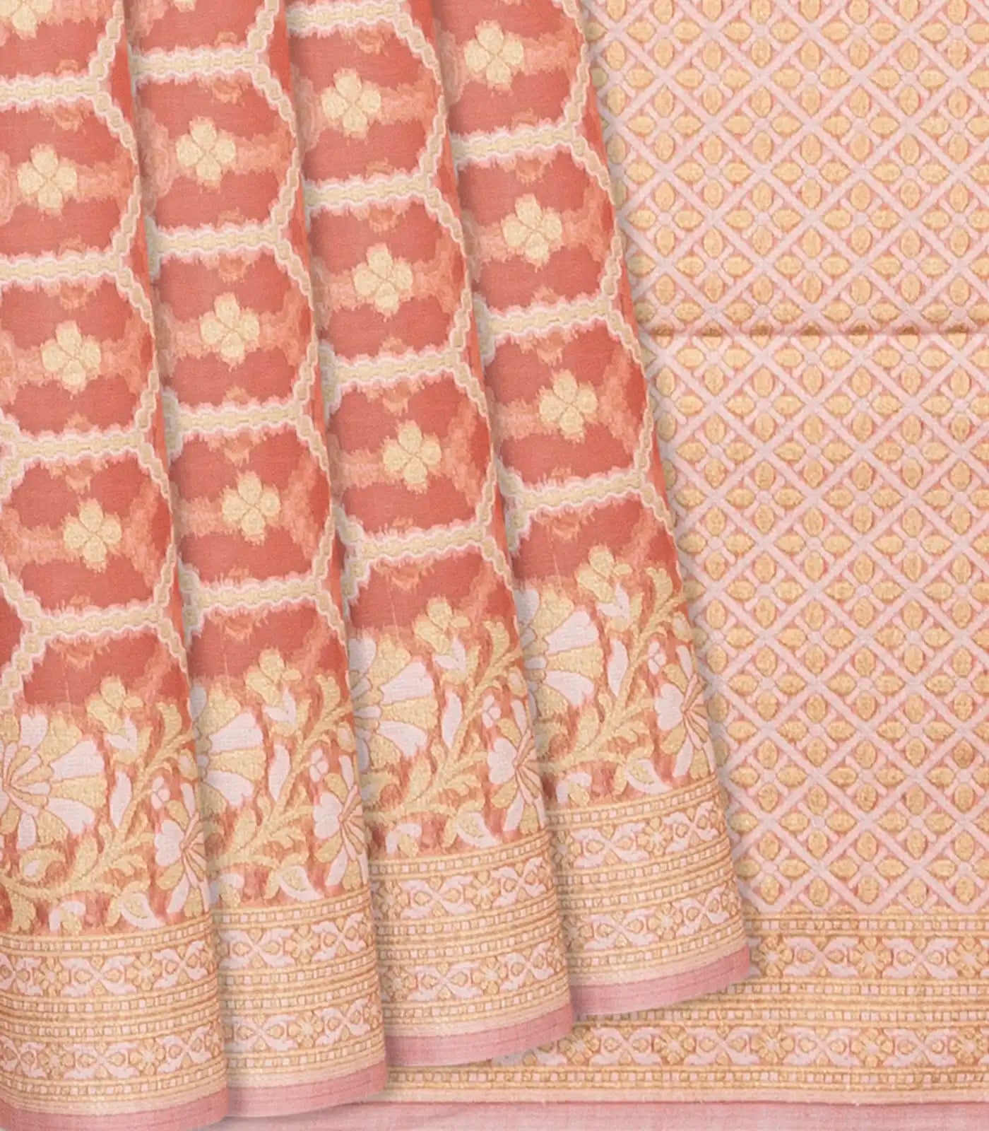 RmKV Peach Blended Banarasi Cotton Saree With Floral Jaal Motifs-Peach