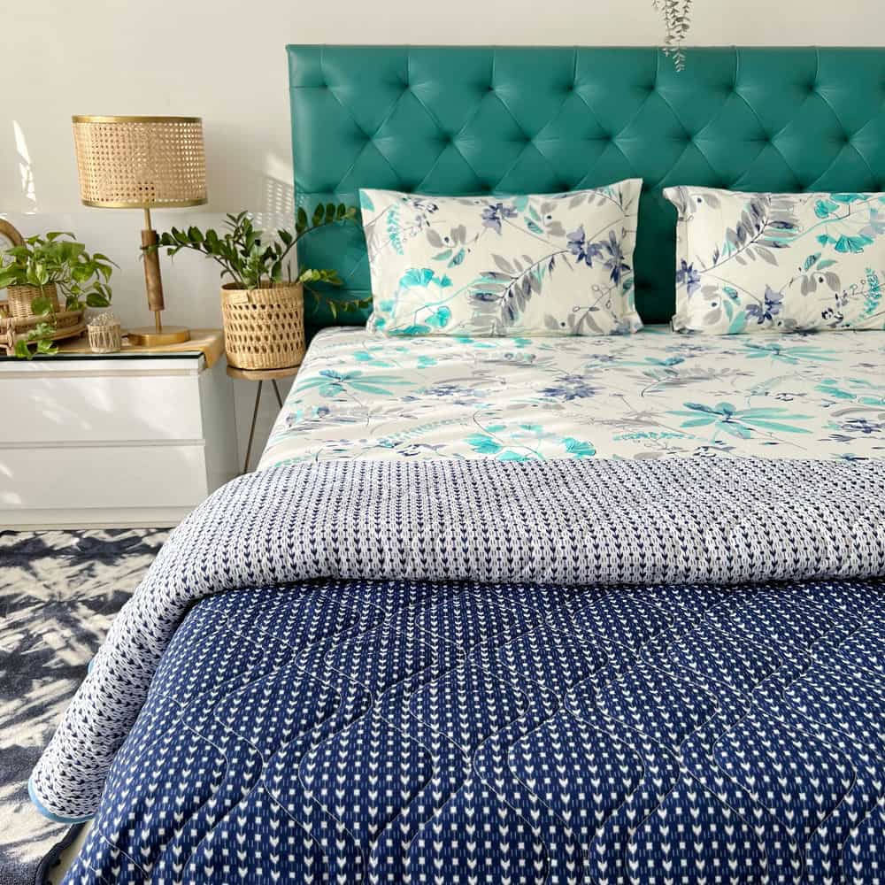 Urban Space -Home Furnishing Store Cotton Bedsheet + AC Blanket Combo Pack - (Combo 19 - Floral feast Torquoise Blue and Grey + Tokyo)
