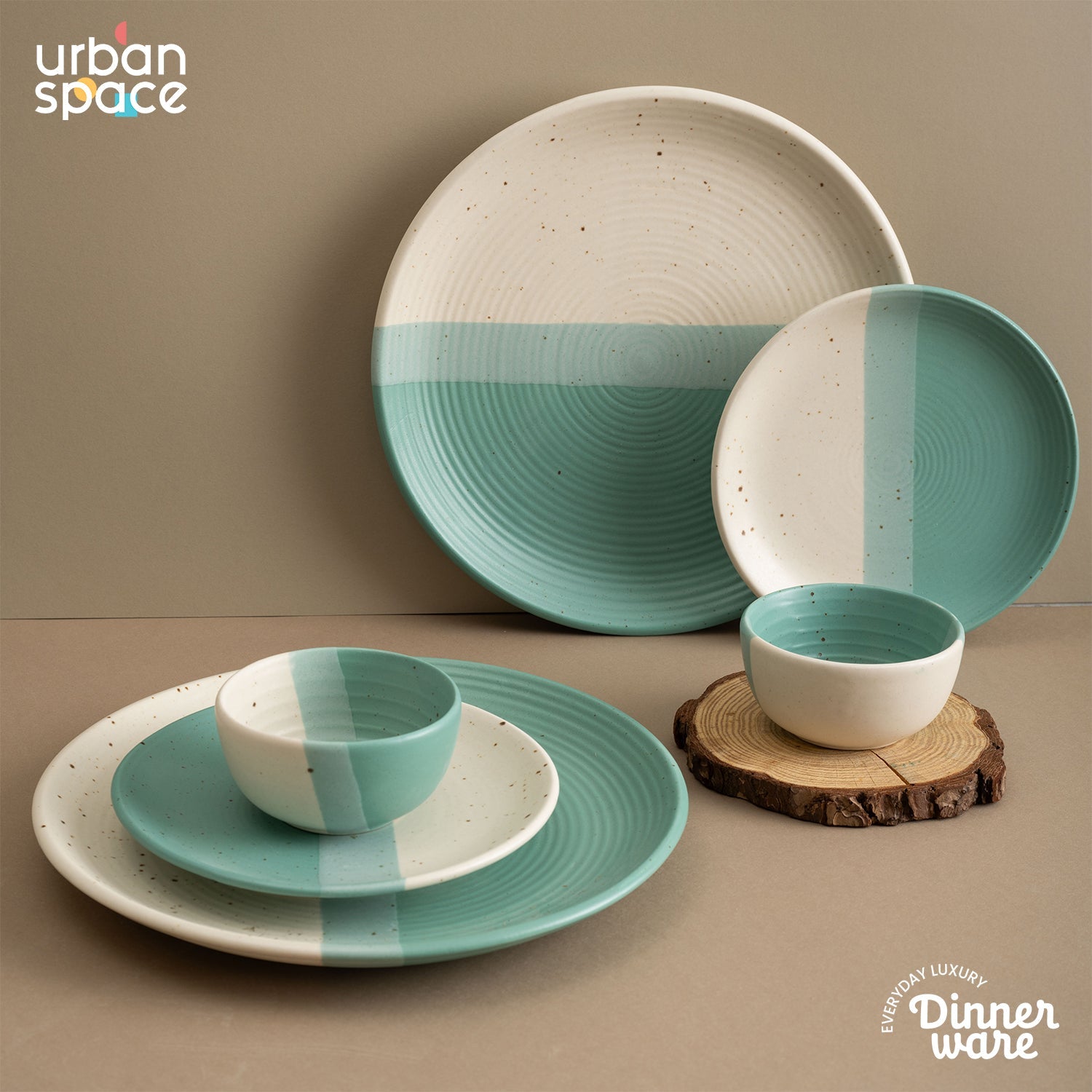 Urban Space Home Furnishing Handmade Ceramic Full dinner set for 2, 2 pieces each of dinner plate, quarter plate and katori bowls, Set of 6, Green Pea - view 2