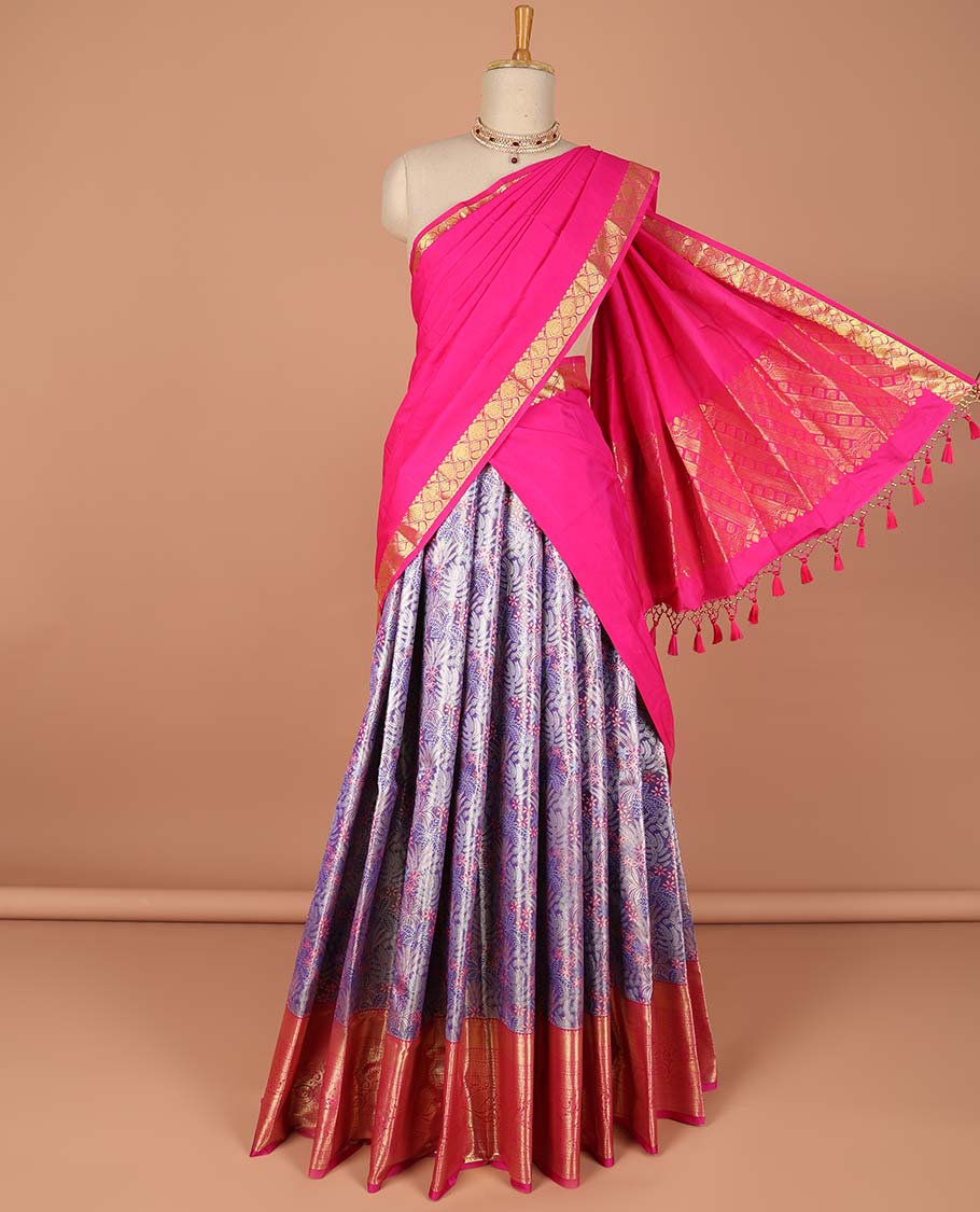 Pothys Lavender floral vine design art-silk half saree, contrast traditional zari border,zari design blouse & intricate dhavani
