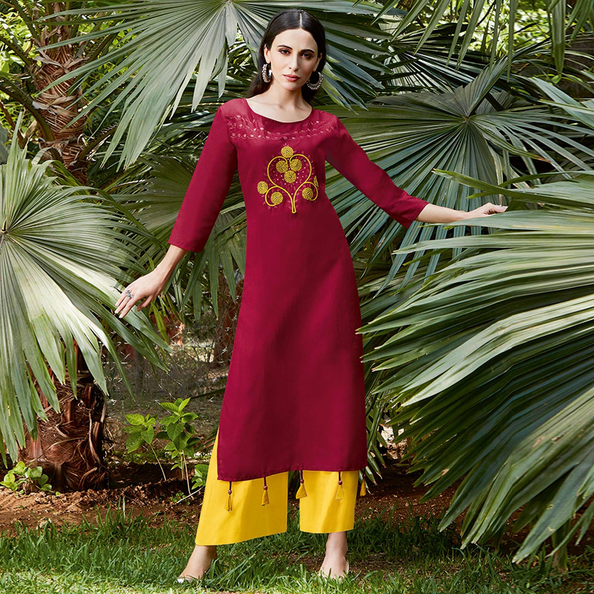 Peachmode Seller Glorious Maroon Colored Casual Wear Embroidered Cotton Sulb Kurti