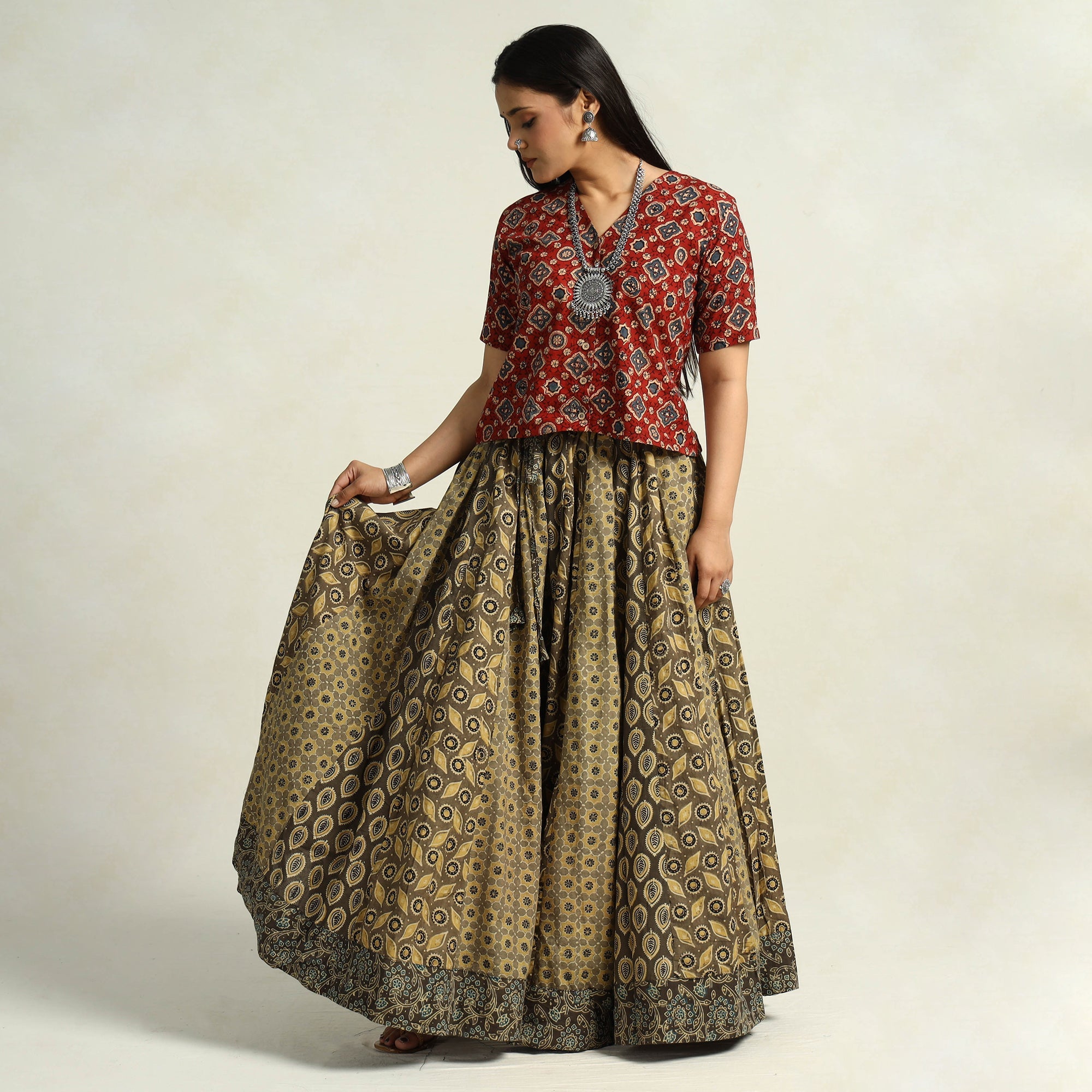 NOORI BAZAR Brown - Kutch Block Printed 24 Kali Cotton Long Skirt 12 - view 3
