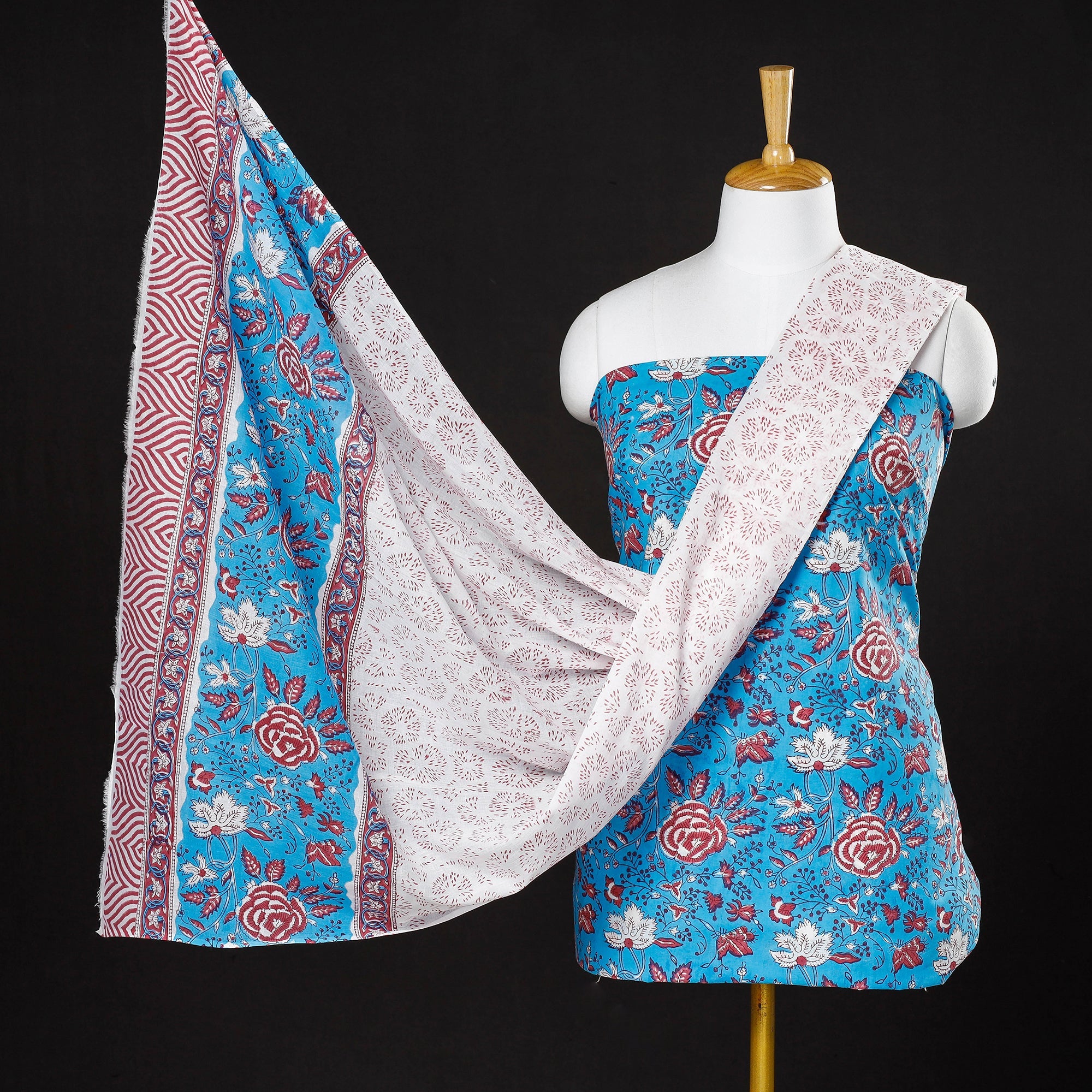 ARTISAN HAND BLOCK PRINTS Blue - 3pc Sanganeri Block Printed Cotton Suit Material Set