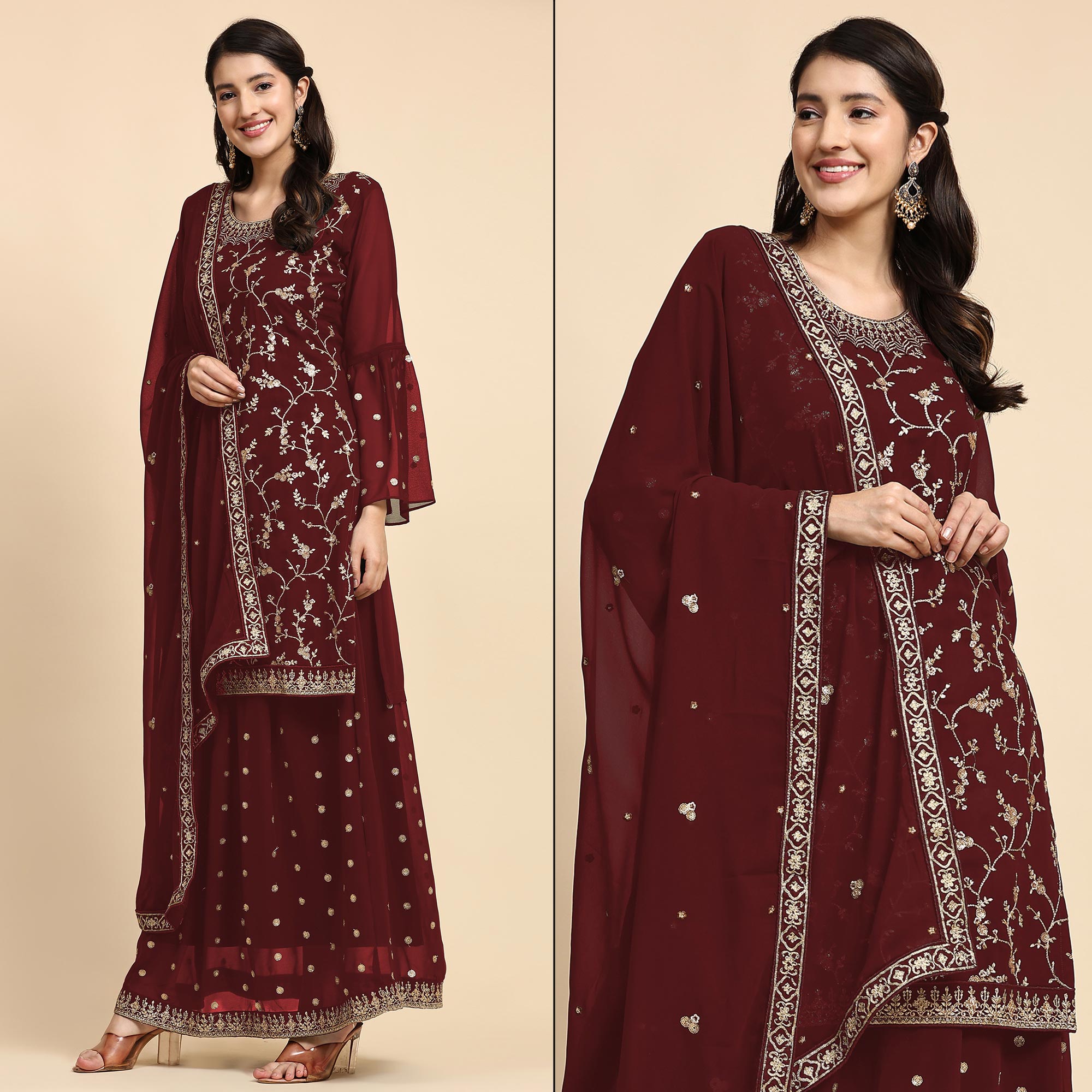 Peachmode Maroon Floral Embroidered Georgette Semi Stitched Suit