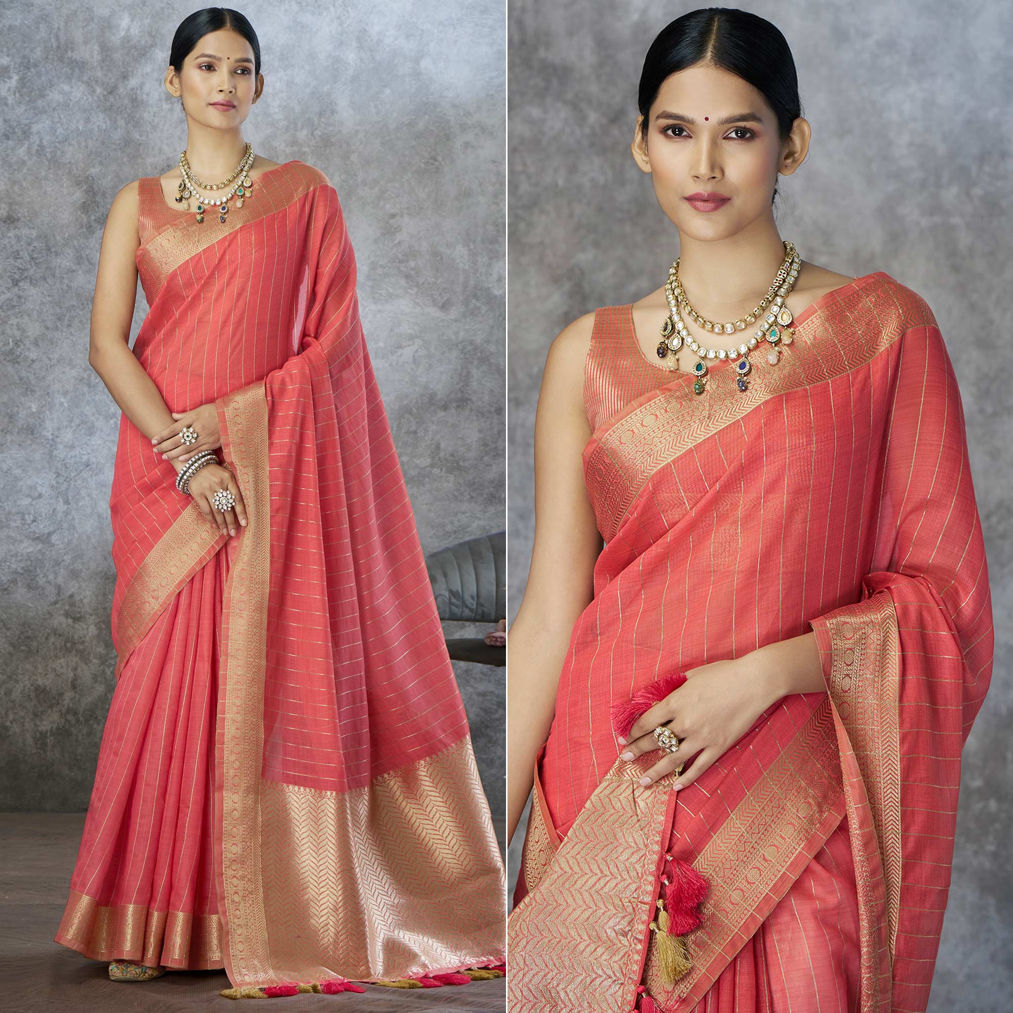 Peachmode Gajari Pink Woven Cotton Silk Saree With Tassels