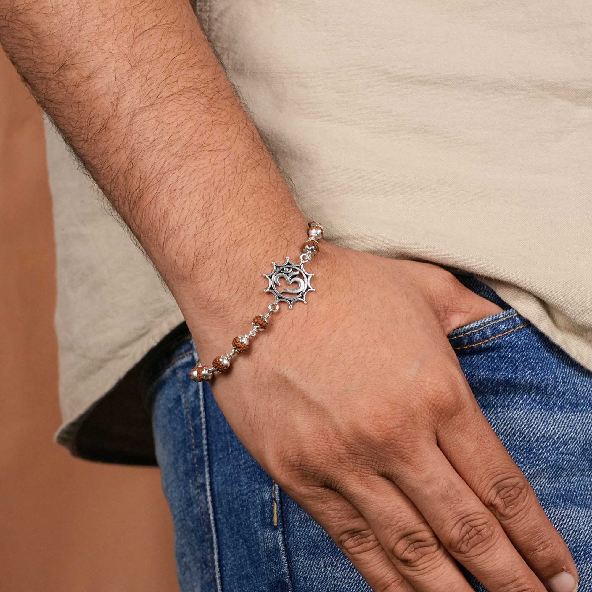Prinjal Jewellers Rudraksha silver bracelet with Om in Pointed Circle single line - view 2