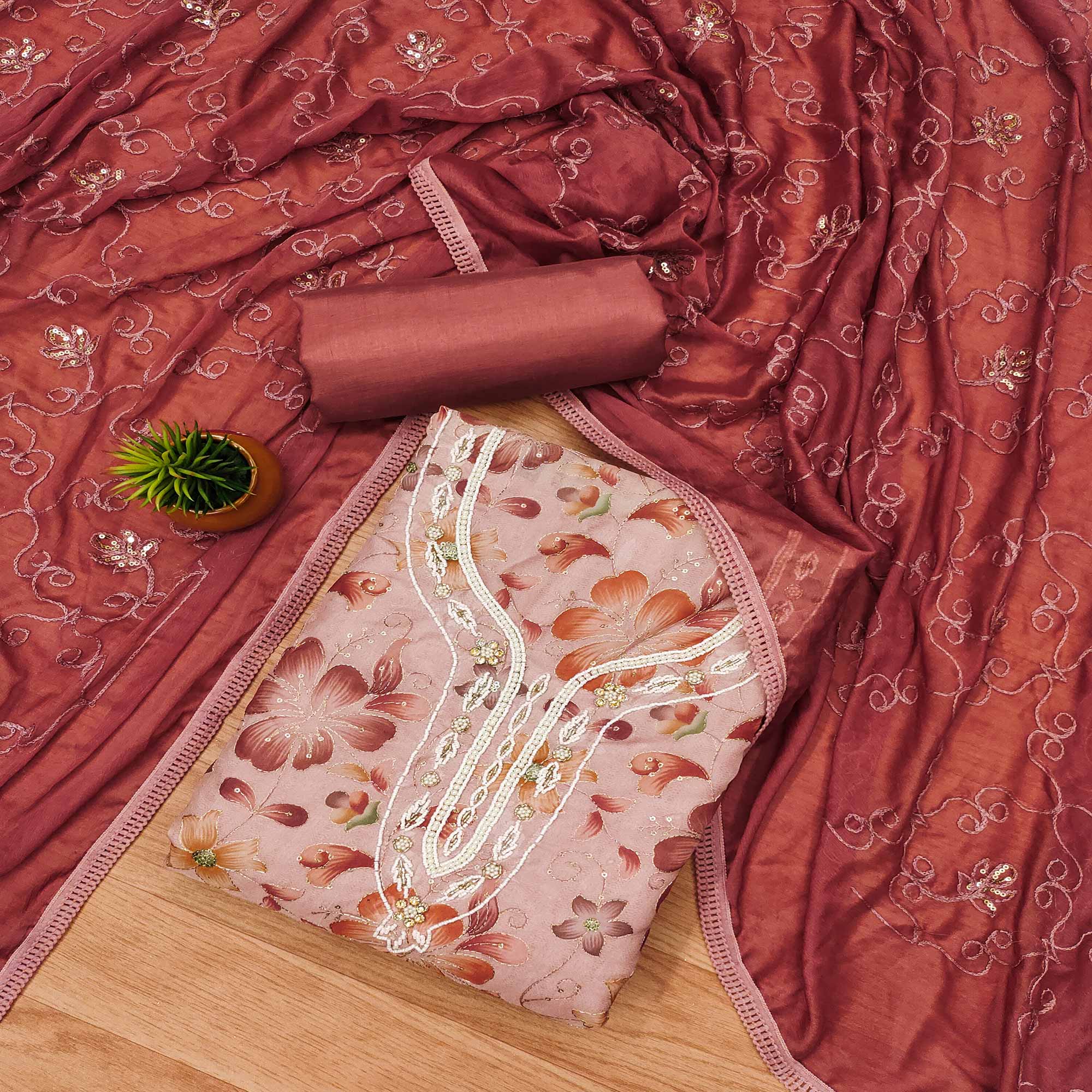 Peachmode Peach Floral Sequins Embroidered With Printed Organza Dress Material