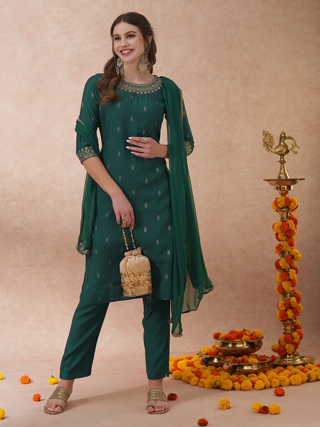 FASHOR Solid Ethnic Embroidered Straight Fit Kurta with Pant & Dupatta - Green - view 3