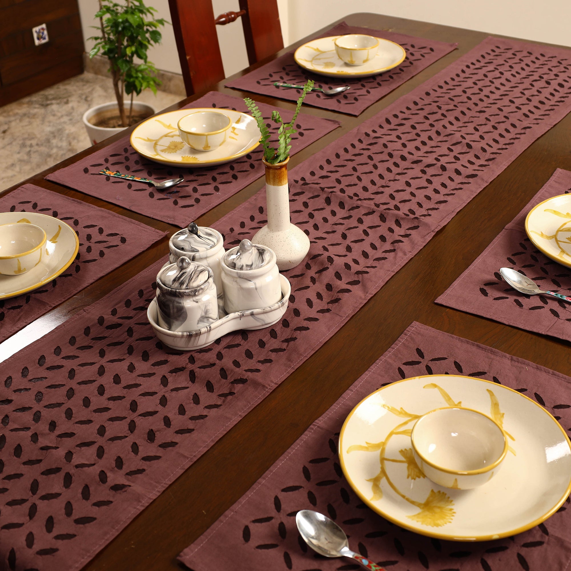 SHADES OF MARUDHARA Brown - Applique Cut Work Table Runner with Table Mat Set 87 - view 2