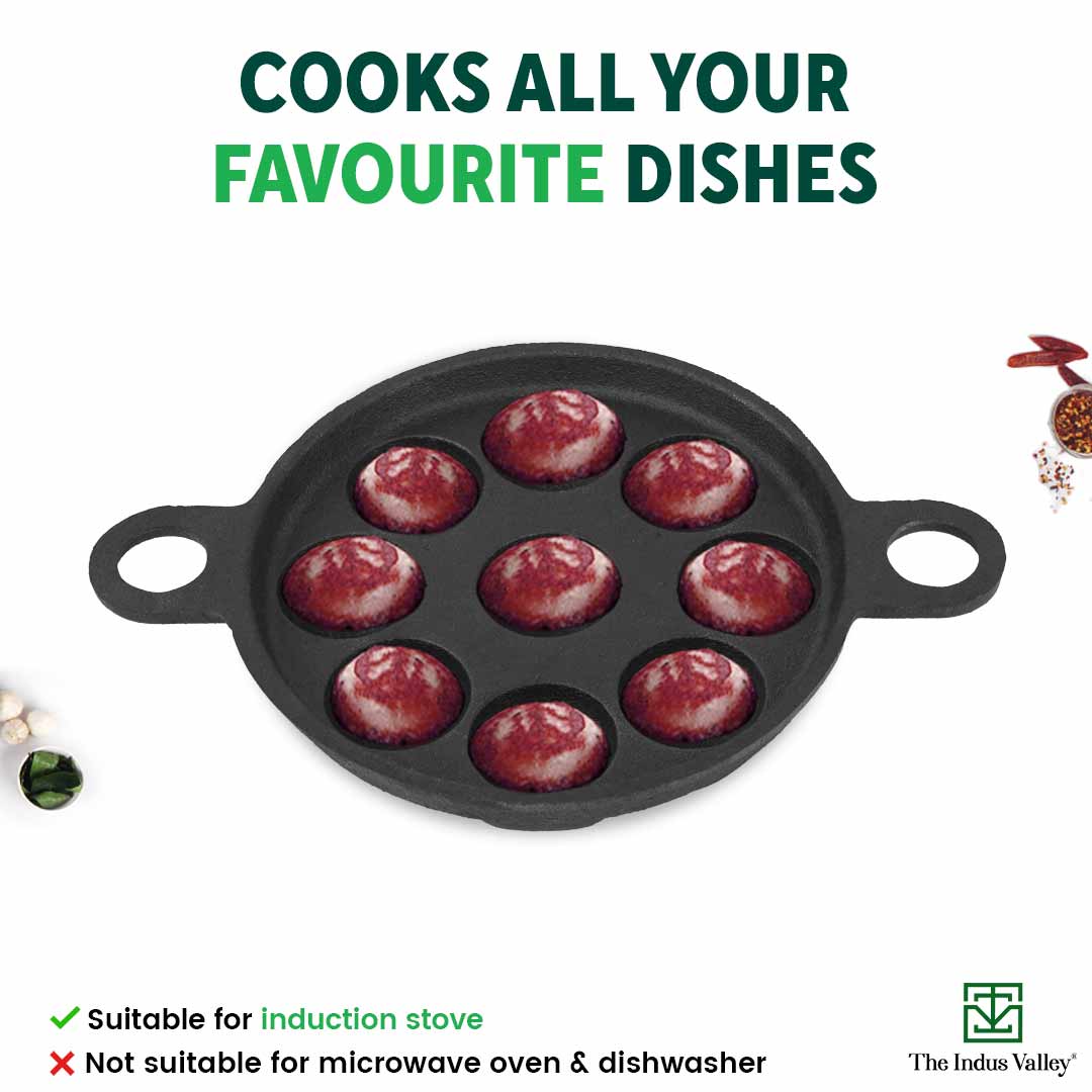 The Indus Valley Super Smooth 9 Pit/Cup Cast Iron Paniyaram/Appe Pan+ Free Spatula, Pre-seasoned, Natural Nonstick, 100% Pure, Toxin-free, 21 cm, 2.8k - view 11