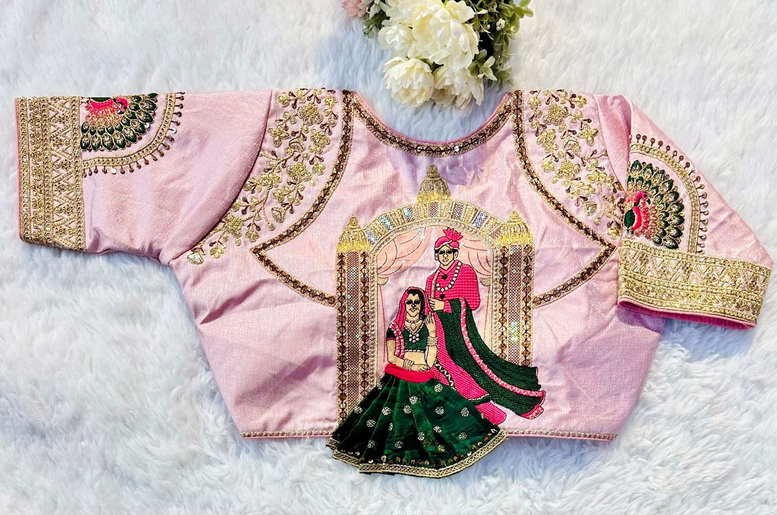 ClothsVilla Baby Pink Wedding Wear Blouse in Raspberry Silk with Exquisite Embroidery and Sequins - view 3