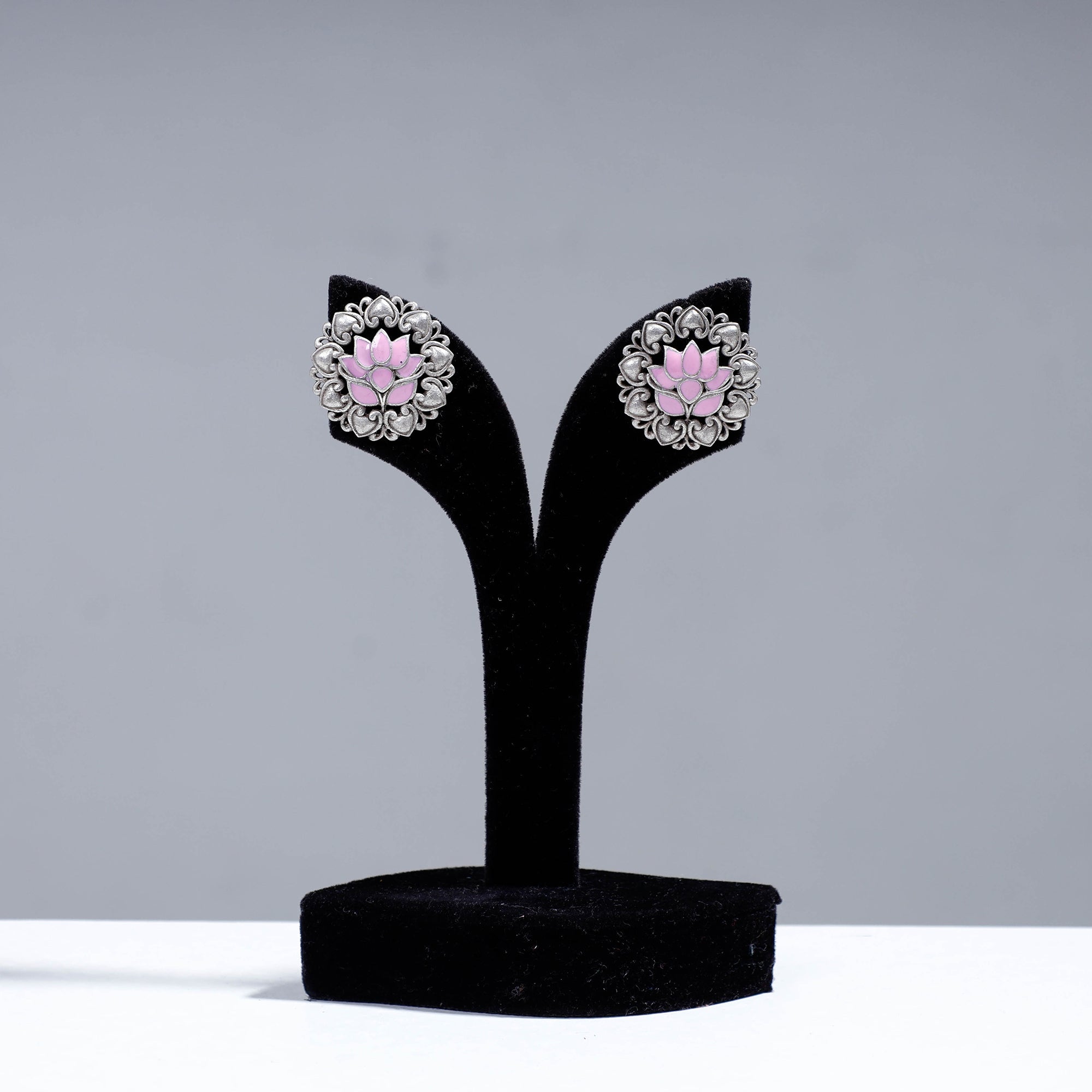 WHITE RIVER STORIES Antique Silver Finish Oxidised Brass Base Enamel Work Stud Earrings