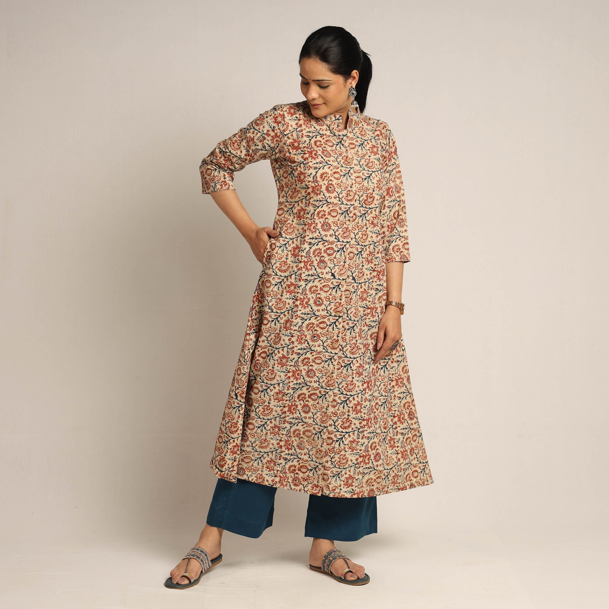 ITOKRI CASUALS Beige - Pedana Kalamkari Block Printed Cotton Kurta with Palazzo Set - view 2