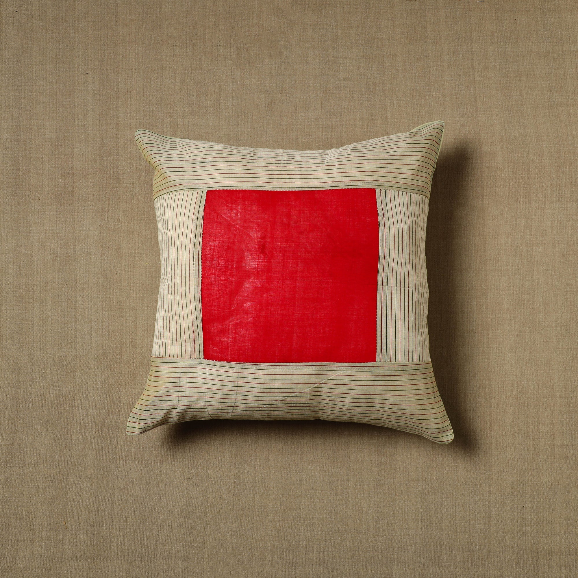 NOORI BAZAR Beige - Patchwork Cotton Kanchipuram Cushion Cover (16 x 16 in) 05