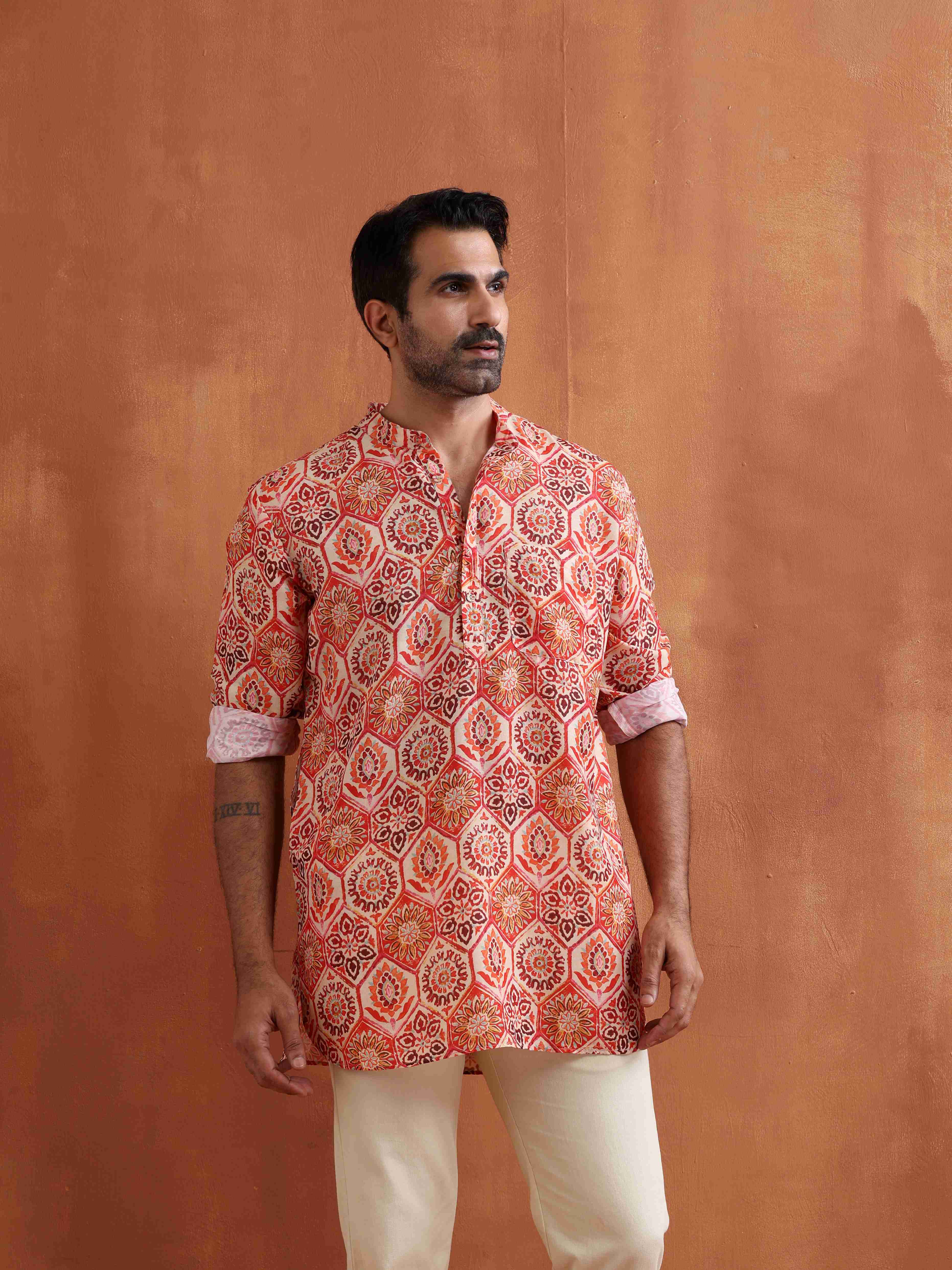 trueBrowns Men's Beige Printed Short Kurta - view 2