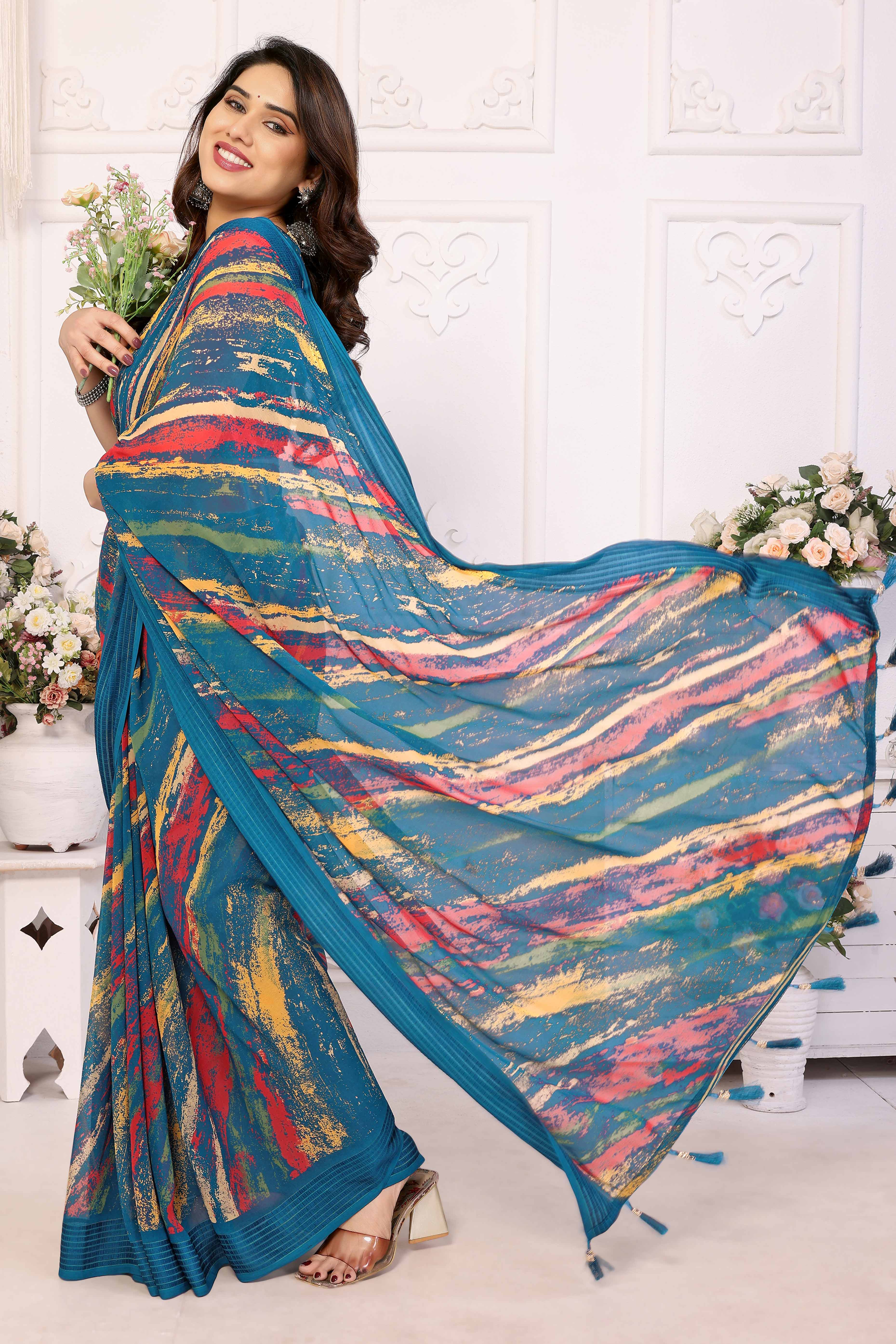 Peachmode Morpich Printed Georgette Saree Saree With Tassels
