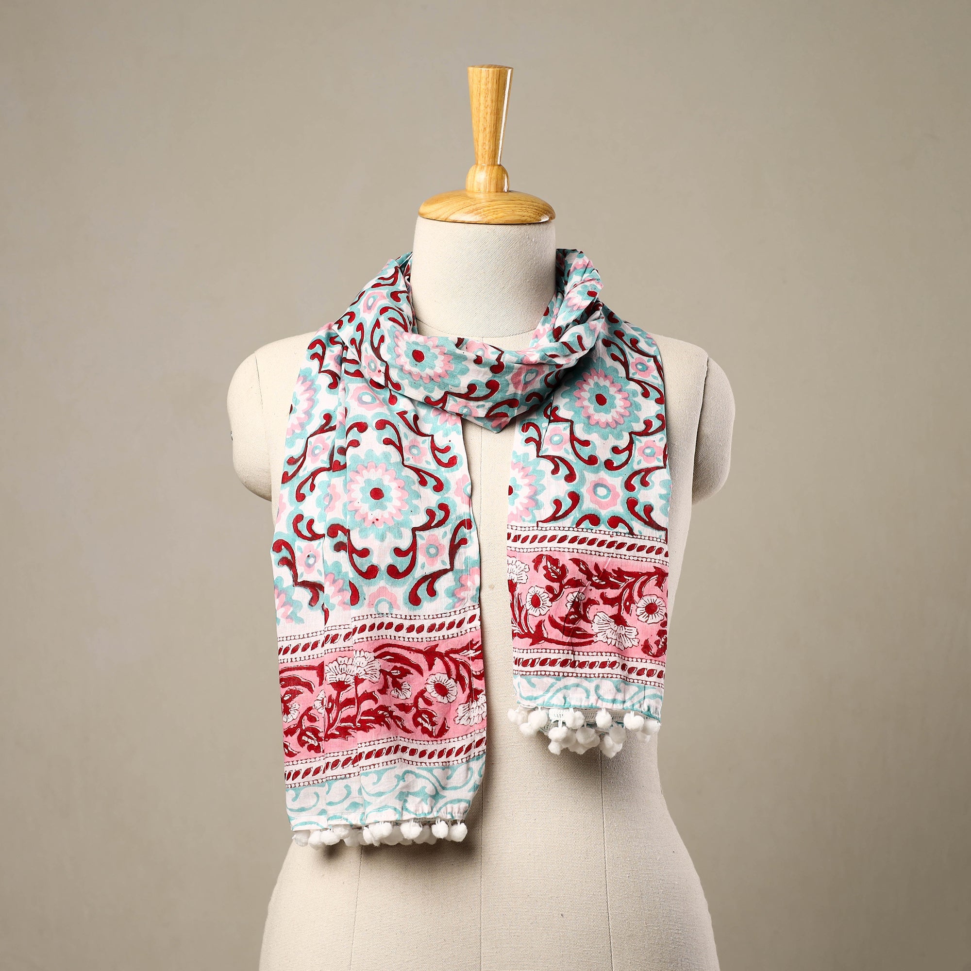 HAVELI CHRONICLES Blue - Block Print Cotton Sanganeri Stole with Pom Pom 14