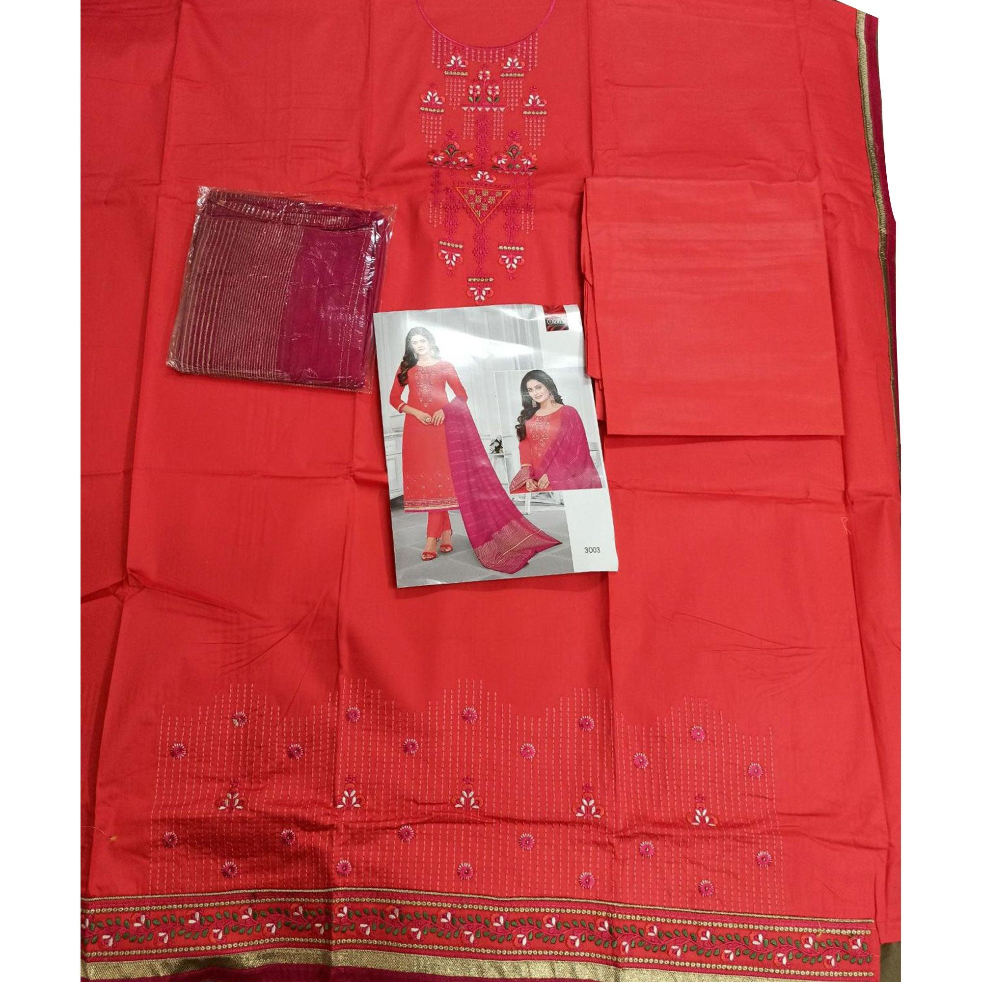 Peachmode Ideal Red-Orange Colored Partywear Designer Embroidery Cotton Salwar Suit - view 2