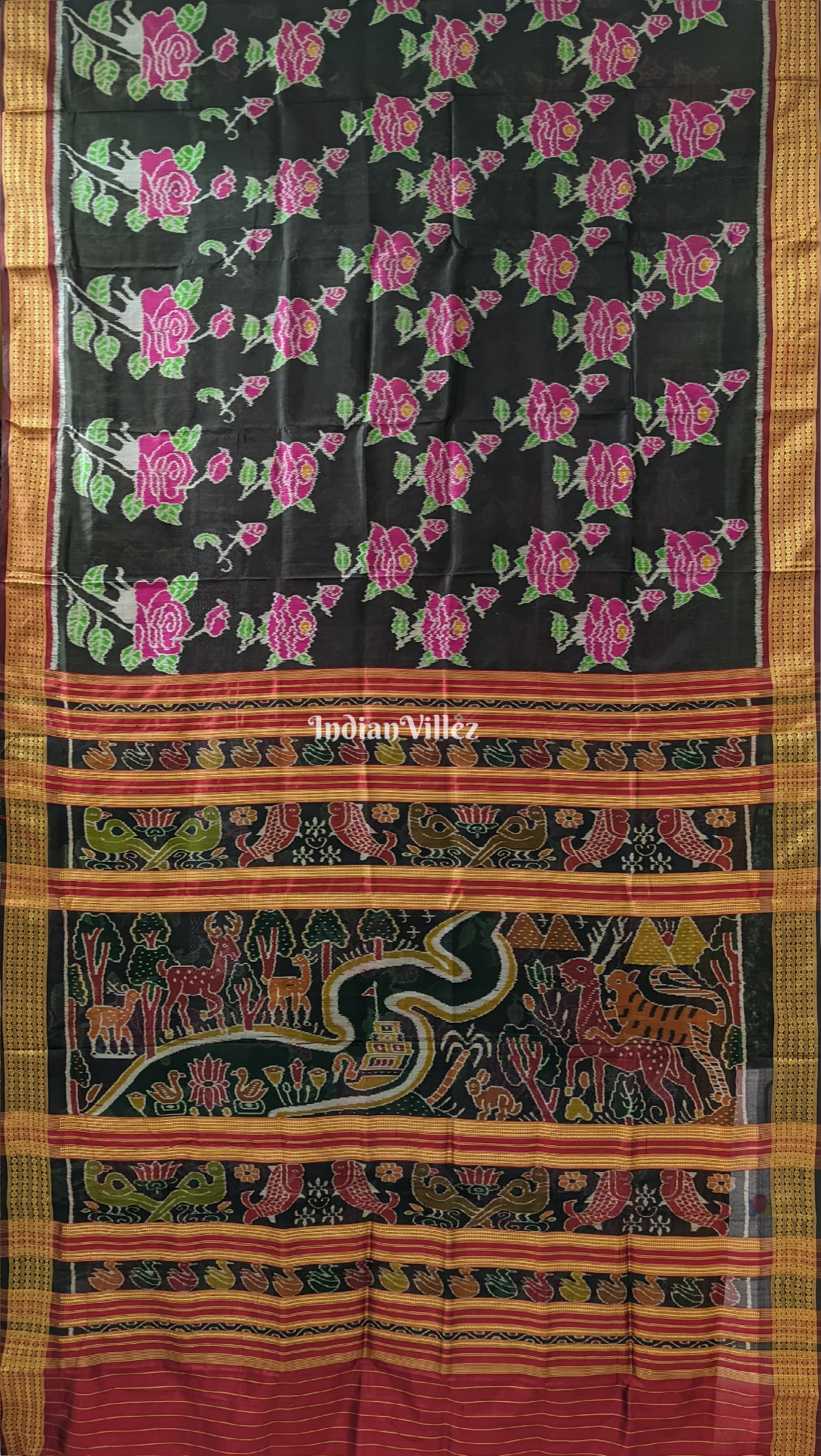 IndianVillèz Black Rose Flower Theme Khandua Silk Saree