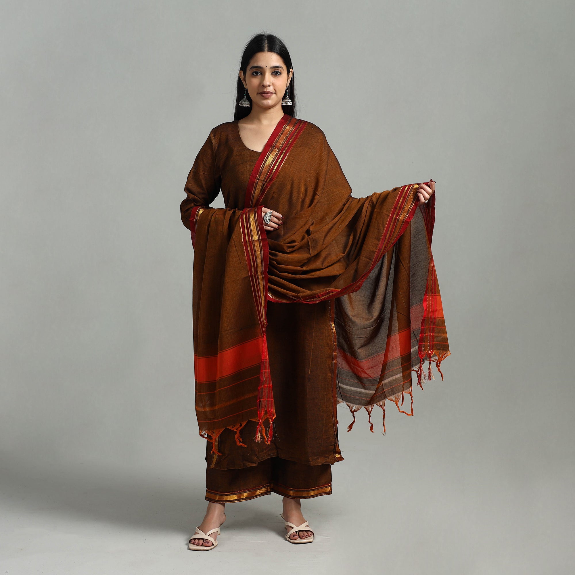 ITOKRI CASUALS Brown - Cotton Dharwad Kurta Set with Palazzo & Dupatta 42 - view 2