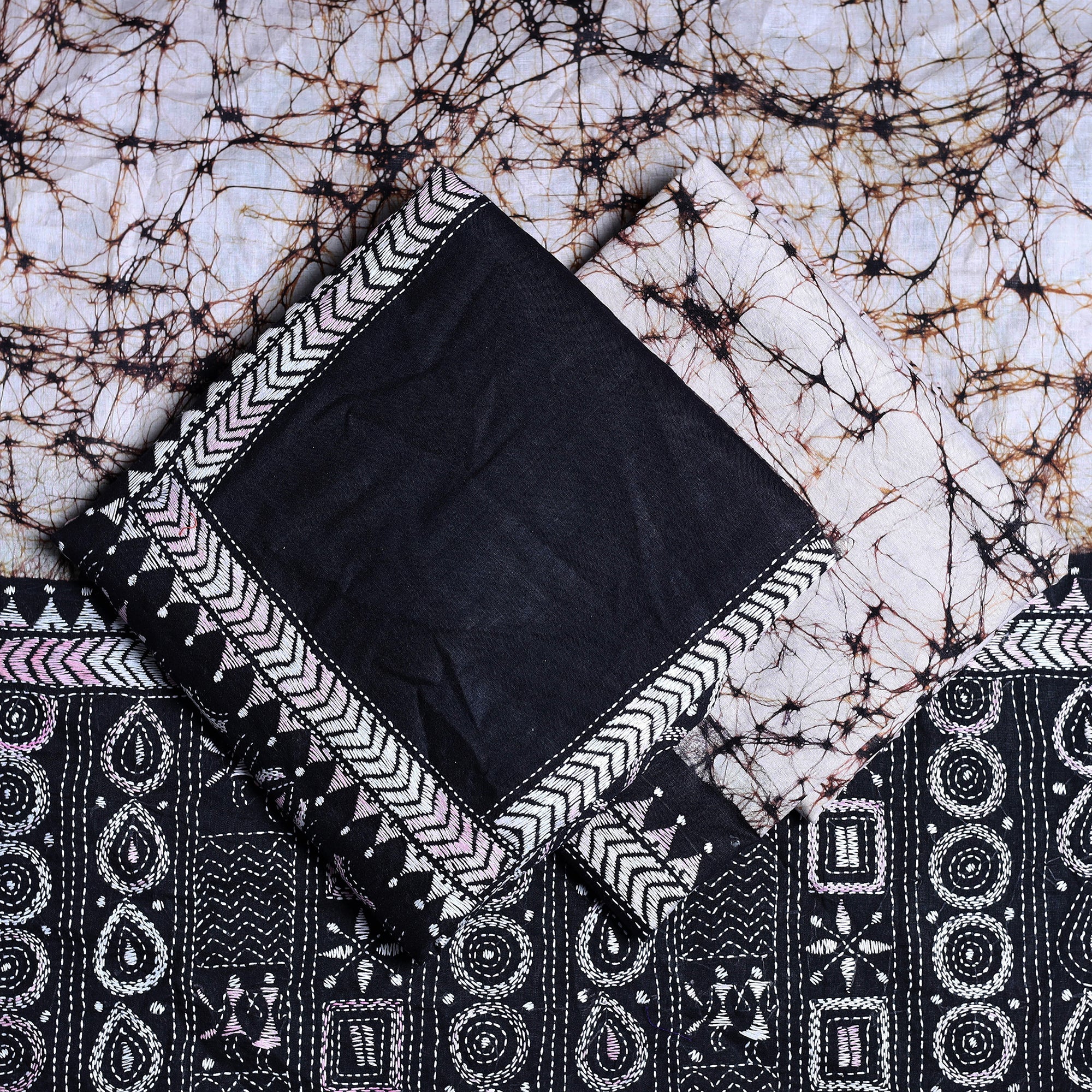 KHUSHBASH - HAPPY LOOM OF EAST Brown - 3pc Kantha Embroidery Cotton Batik Print Dress Material 17 - view 2
