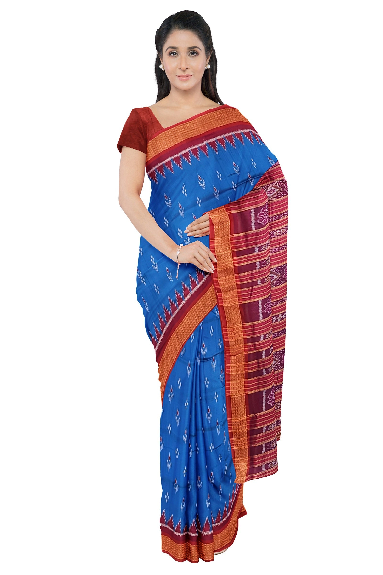 IndianVillèz Cupper Sulphate Mayur Chandrika Odisha Ikat Khandua Silk Saree