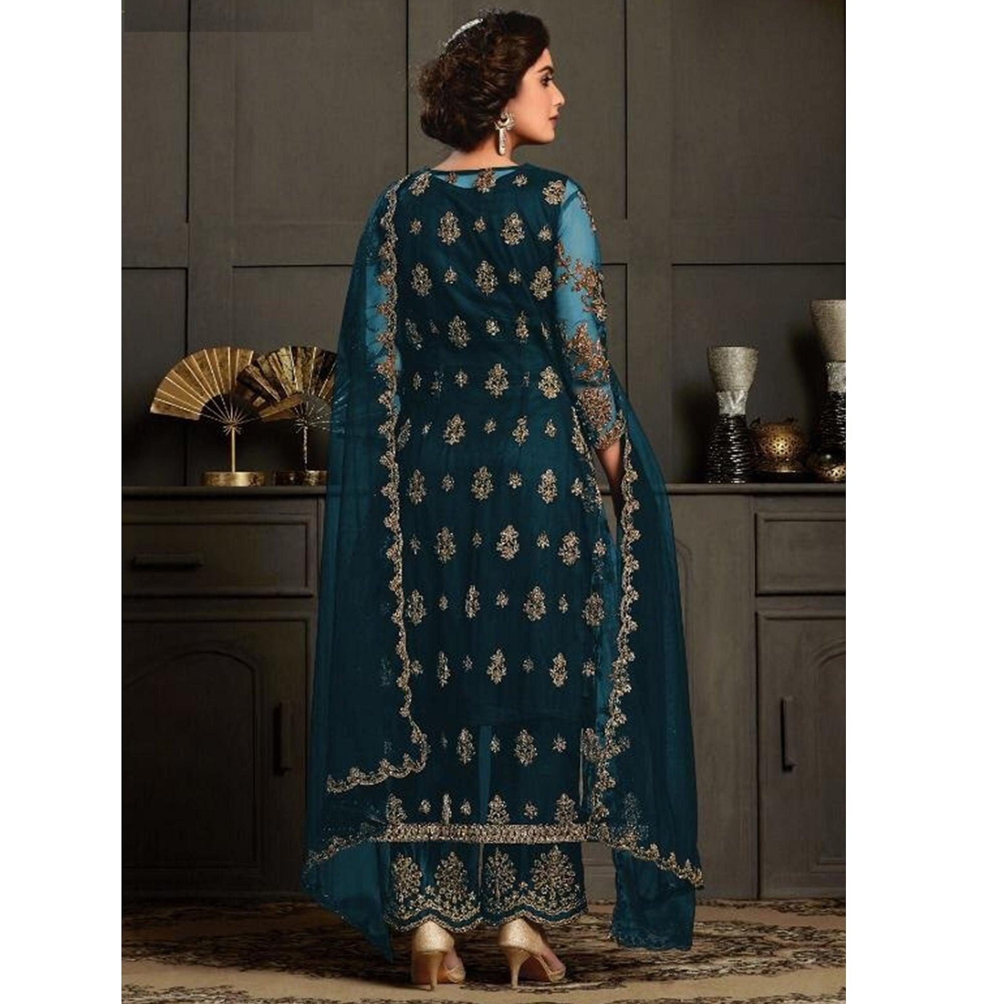 Peachmode Classy Aqua Blue Coloured Party Wear Floral Embroidered Butterfly Net Pakistani Straight Suit - view 2